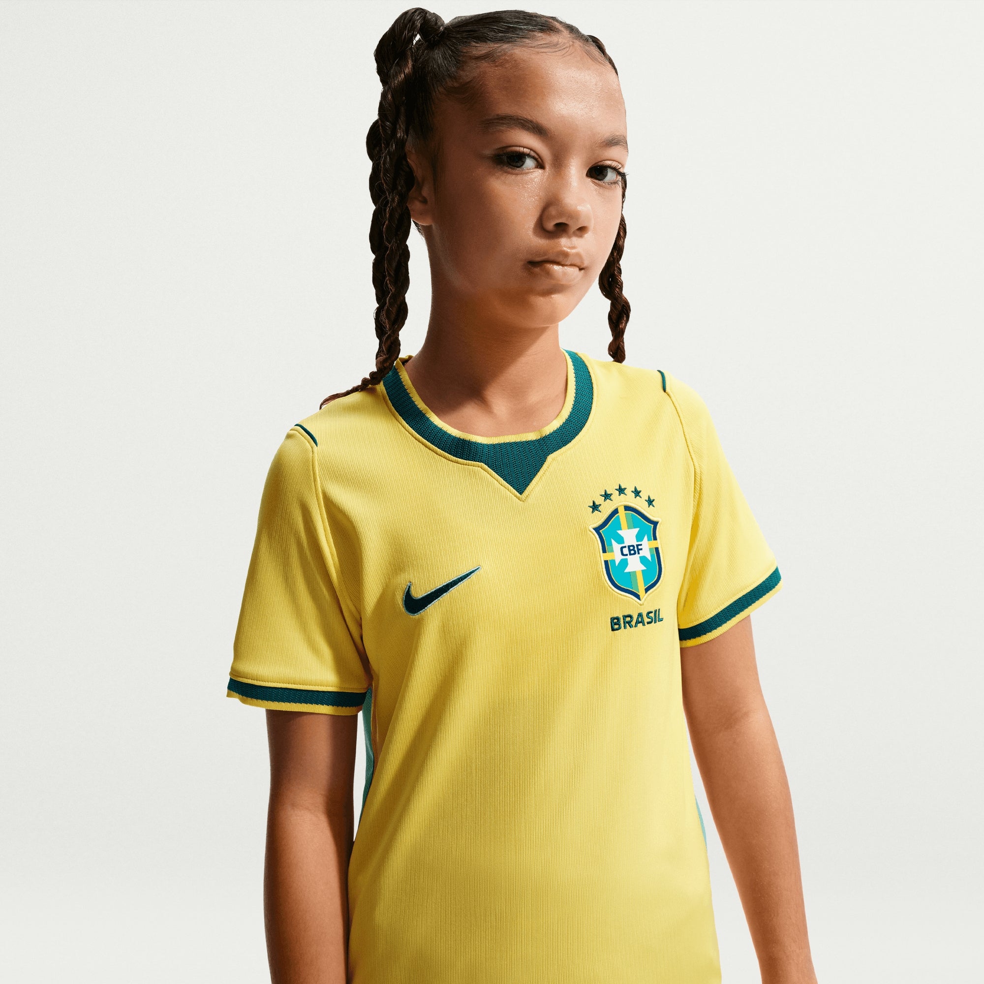 Nike Brazil 2026 Stadium Home Big Kids' Dri-FIT Soccer Replica Jersey - Canary/Light Menta/Geode Teal