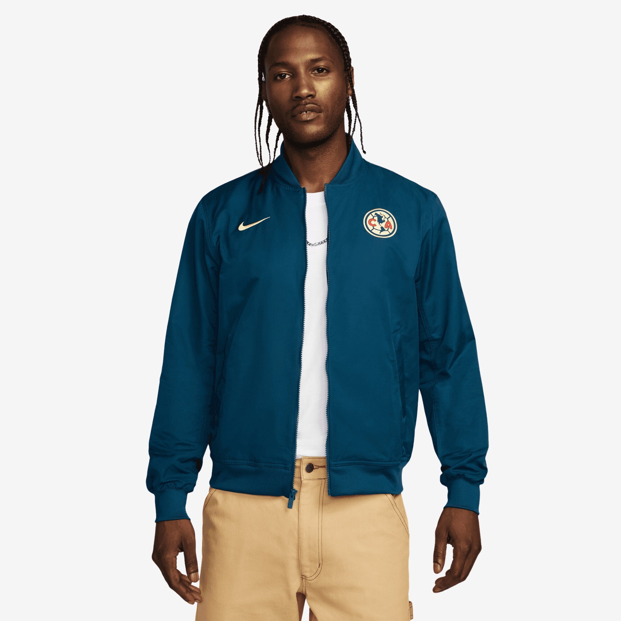 Nike Club América Sport Essentials Men's Soccer Woven Unlined Bomber Jacket - Valerian Blue/Lemon Chiffon