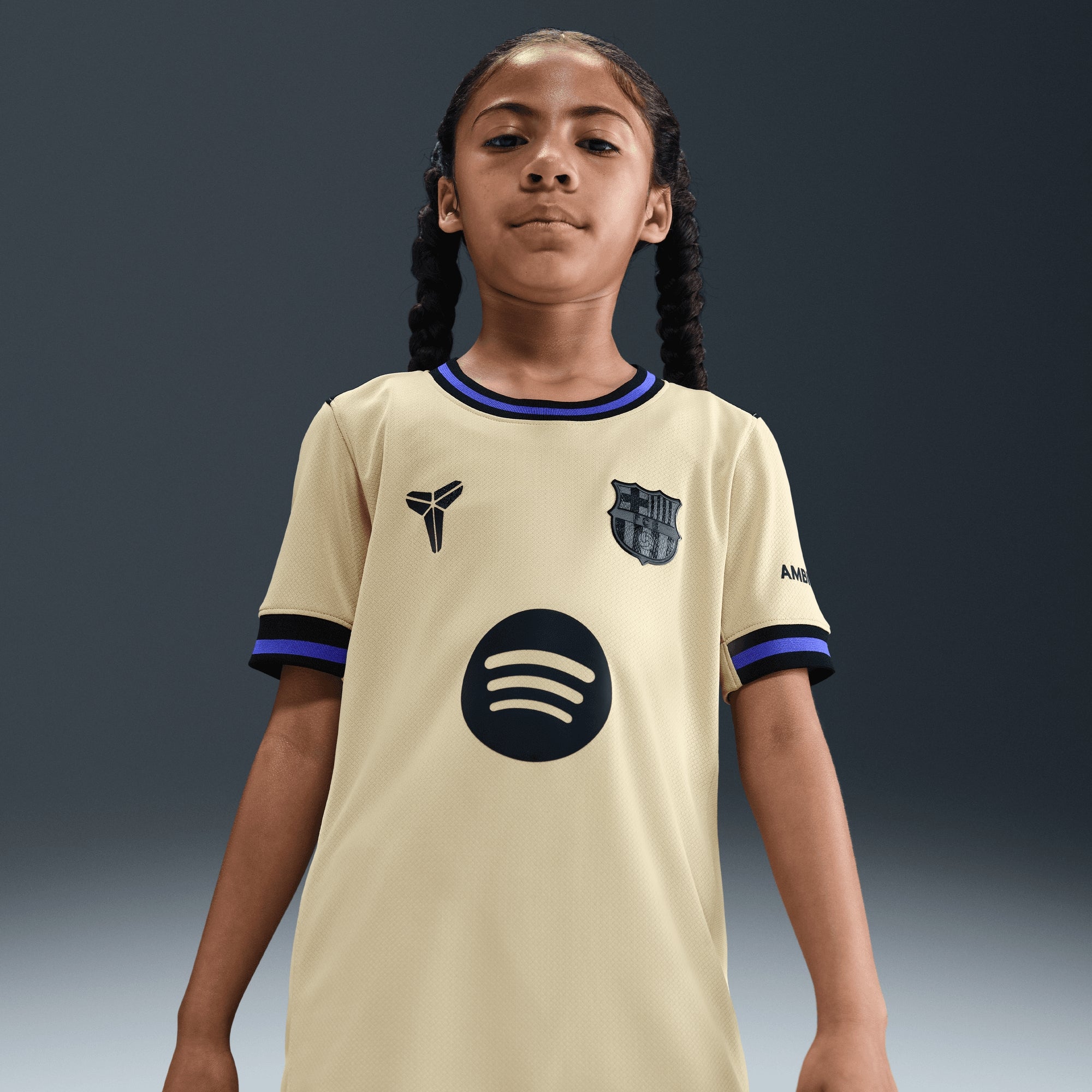Nike FC Barcelona 2025/26 Stadium Away Big Kids' Kobe Dri-FIT Soccer Replica Jersey - Team Gold/Team Gold/Persian Violet/Black