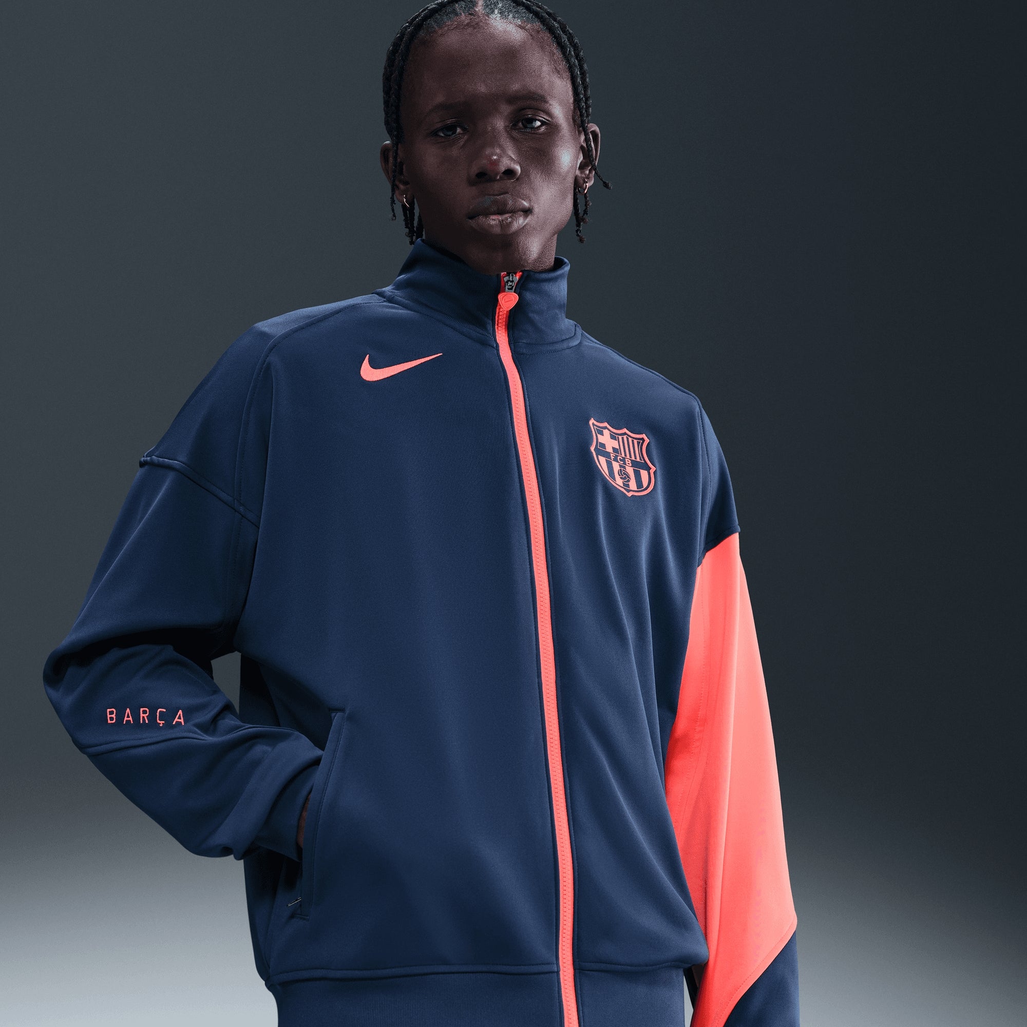 Nike FC Barcelona Academy Pro Third Men's Dri-FIT Total 90 Soccer Anthem Jacket - Midnight Navy/Bright Mango/Bright Mango