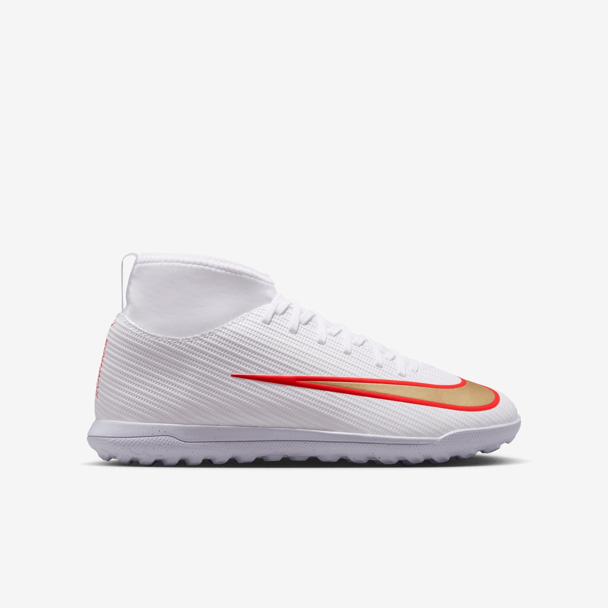 Nike Jr. Mercurial Superfly 11 Club Big Kids' Turf High-Top Soccer Shoes - White/Blur-Bright Crimson