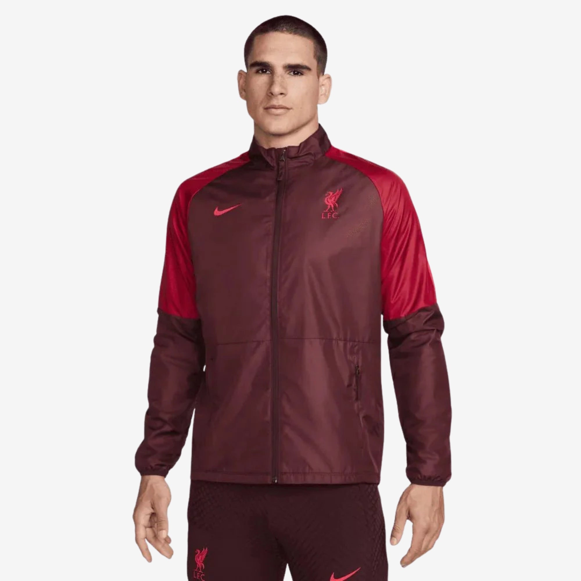 Nike Liverpool FC Repel Academy AWF Men's Full-Zip Soccer Windbreaker Jacket - Burgundy Crush/Tough Red/Siren Red