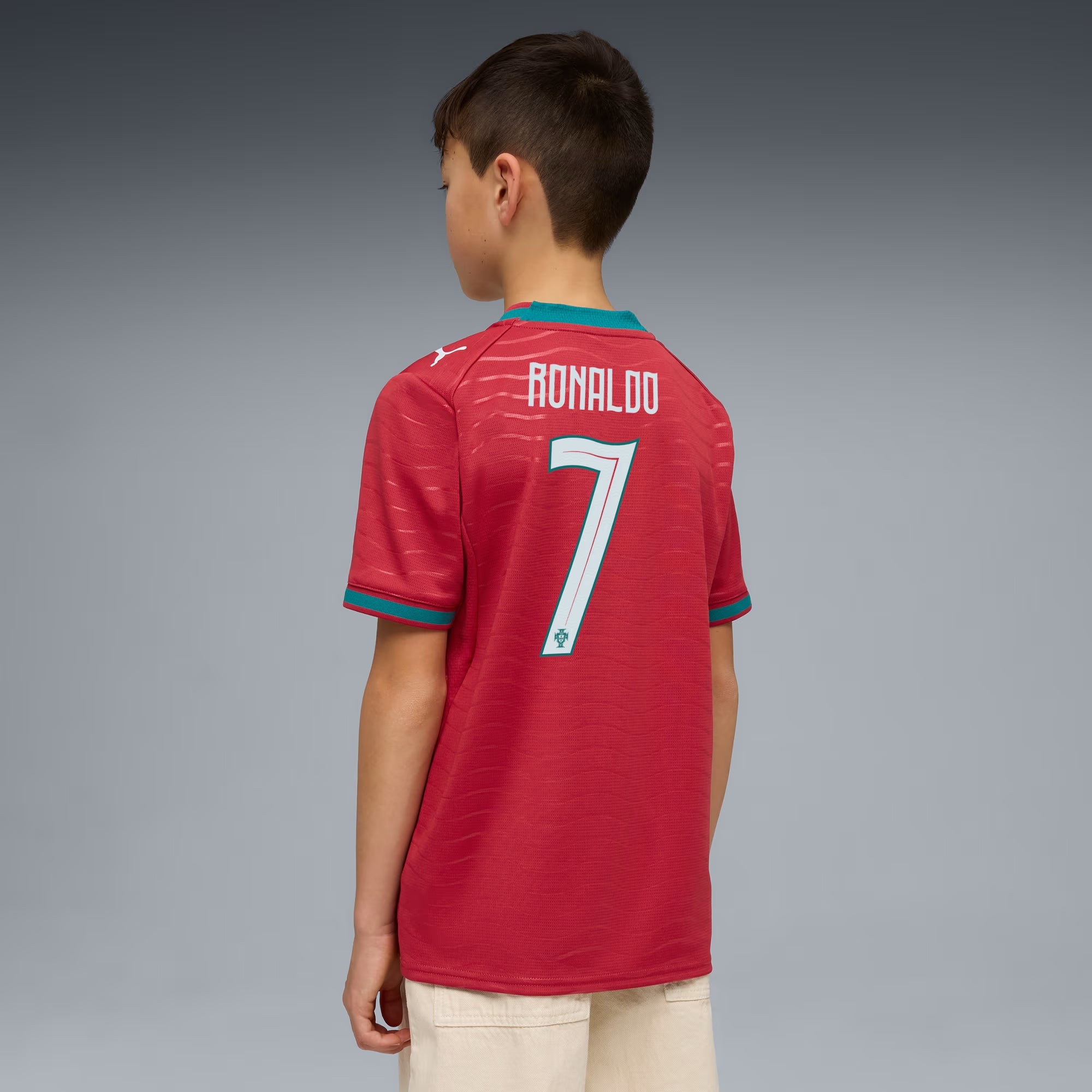 PUMA Portugal 2026 Stadium Home Ronaldo Big Kids' Soccer Jersey - Club Red-Green Lagoon