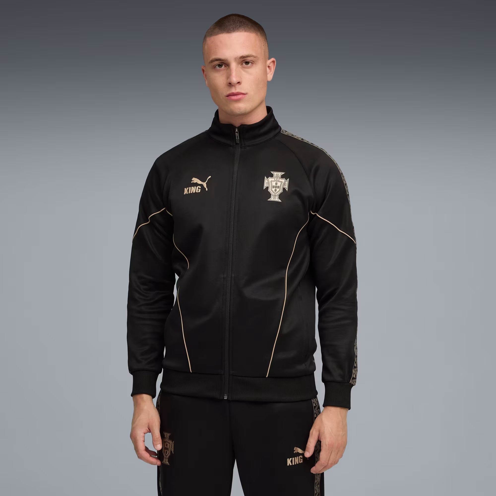 PUMA Portugal KING Anthem Special Edition Eusébio Men's Full-Zip Soccer Jacket - PUMA Black-PUMA Gold