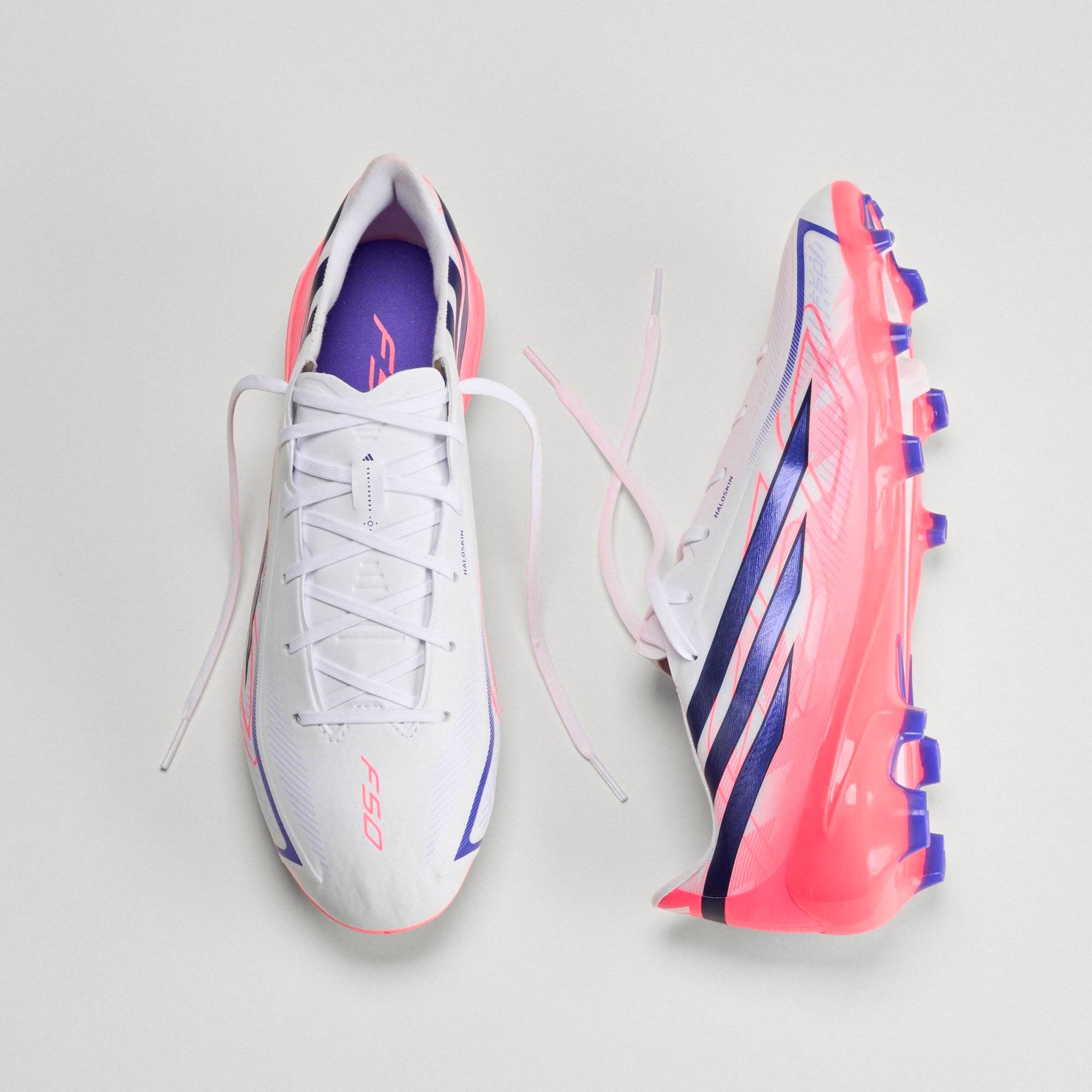 adidas F50 Hyperfast League Firm-Ground Low-Top Soccer Cleats - Ftwr White / Solar Purple / Solar Turbo