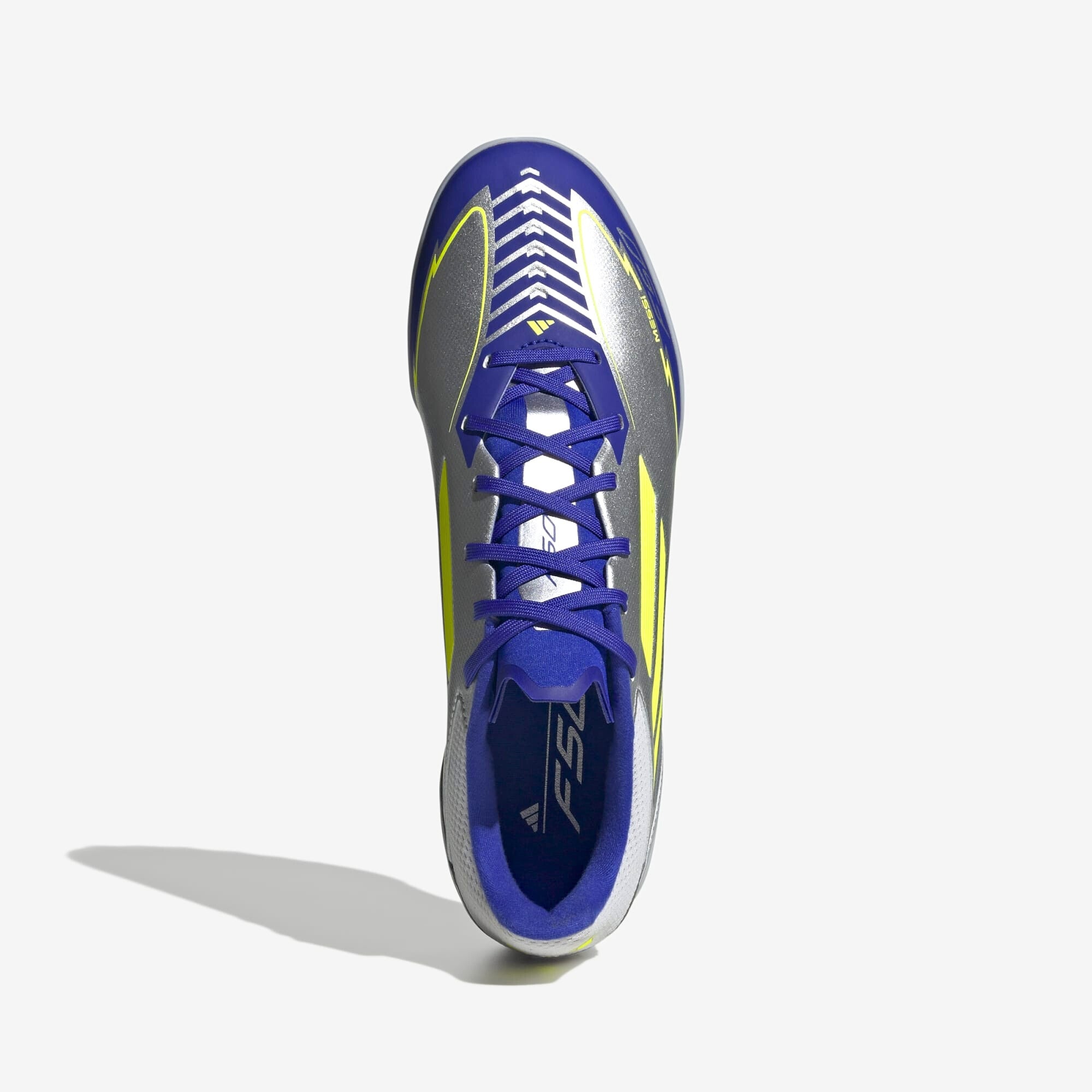 adidas F50 League Messi TF Low-Top Soccer Shoes - Silver Metallic / Solar Yellow / Lucid Blue