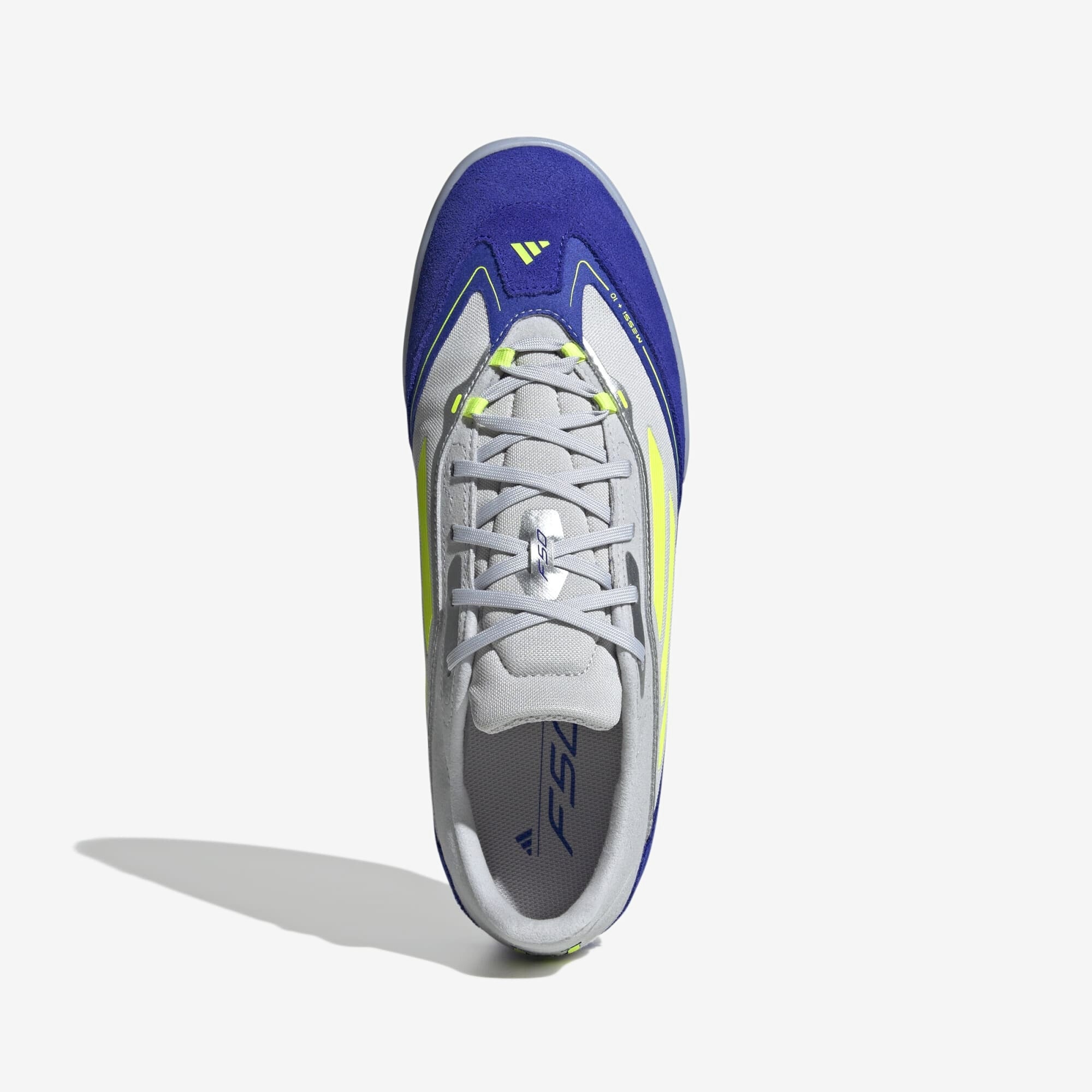 adidas F50 Messi Freestyle IC Low-Top Soccer Shoes - Silver Metallic / Solar Yellow / Lucid Blue