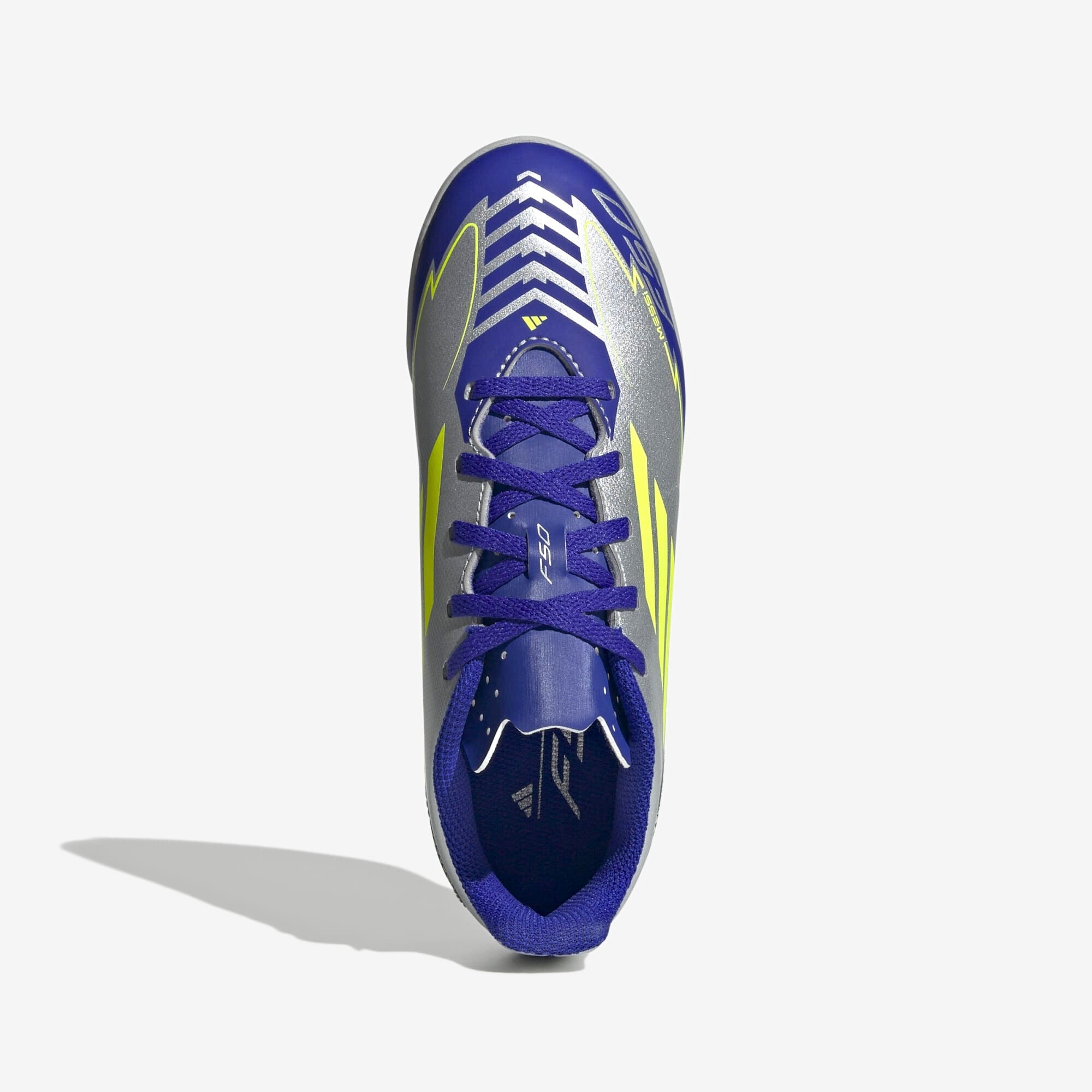 adidas Jr. F50 Club Messi Little/Big Kids' IC Low-Top Soccer Shoes - Silver Metallic / Solar Yellow / Lucid Blue