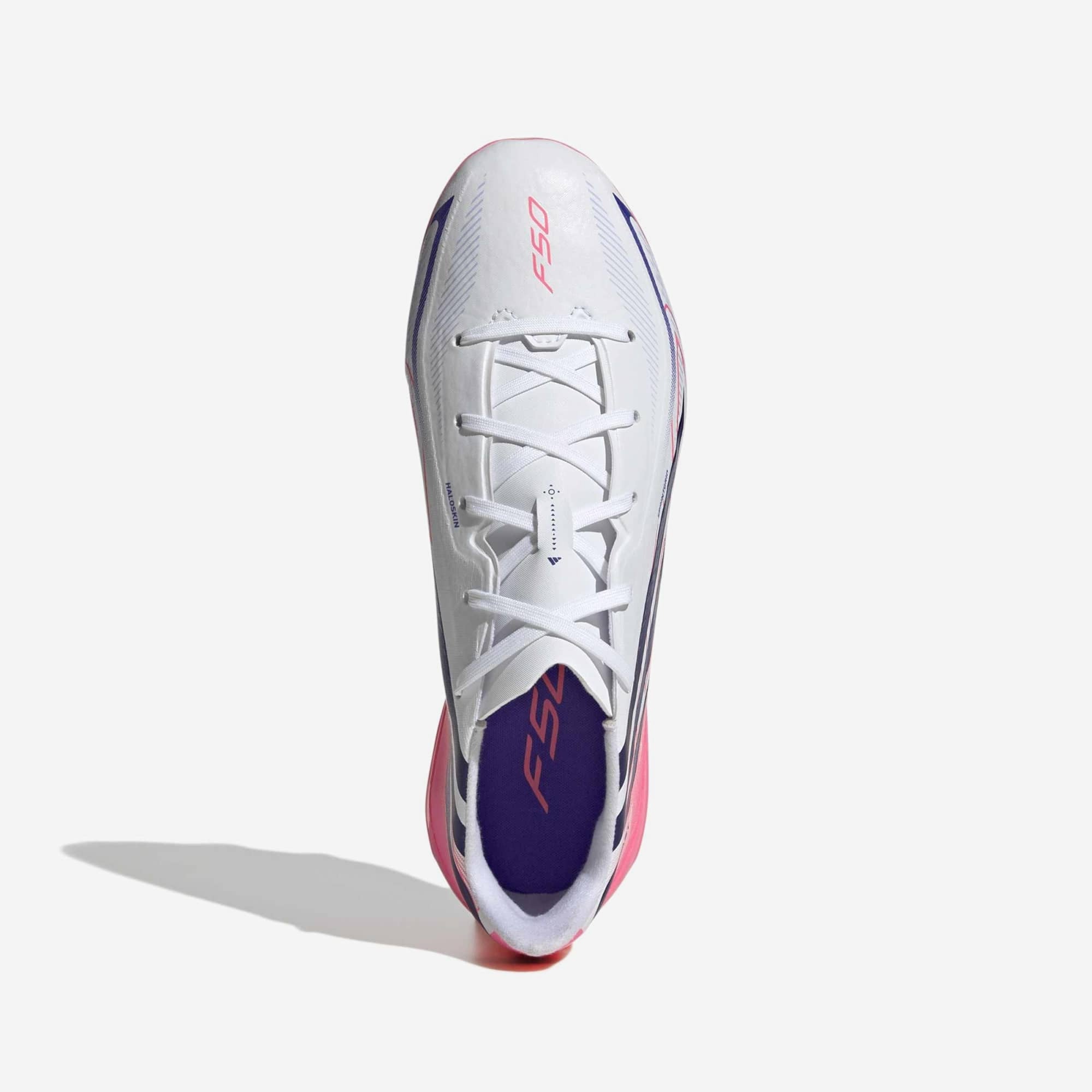 adidas Jr. F50 Hyperfast League Firm-Ground Low-Top Soccer Cleats - Ftwr White / Solar Purple / Solar Turbo