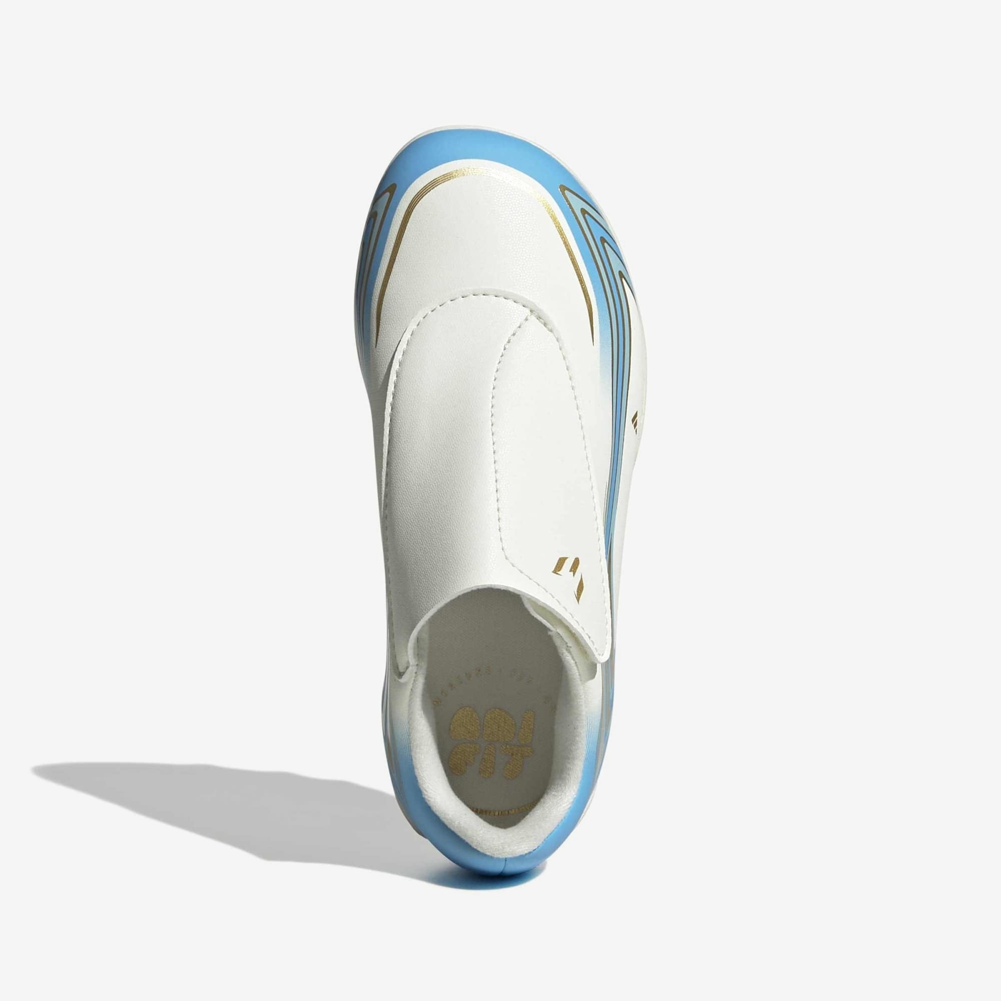 adidas Jr. F50 Messi Club Velcro Little Kids' Firm/Multi-Ground Low-Top Soccer Cleats - Ivory / Semi Blue Burst / Icey Blue