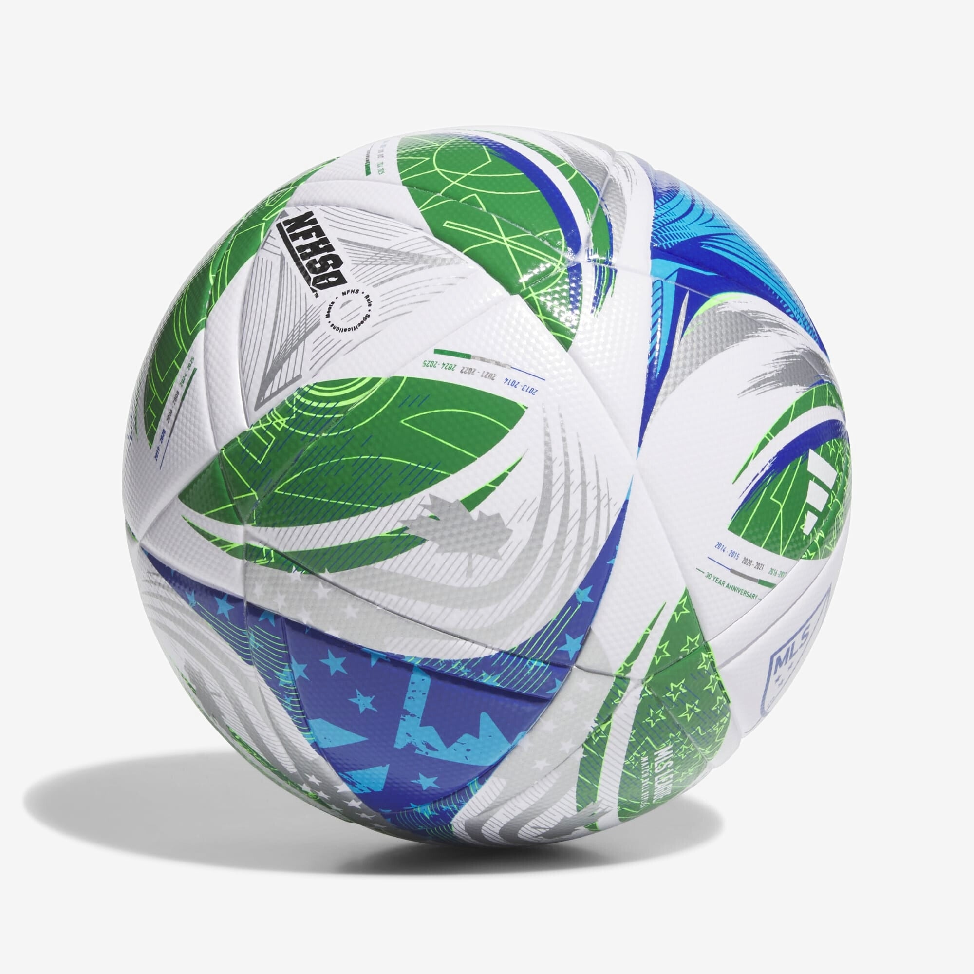 adidas MLS 25 NFHS League Soccer Ball - White / Green / Glow Blue / Solar Blue