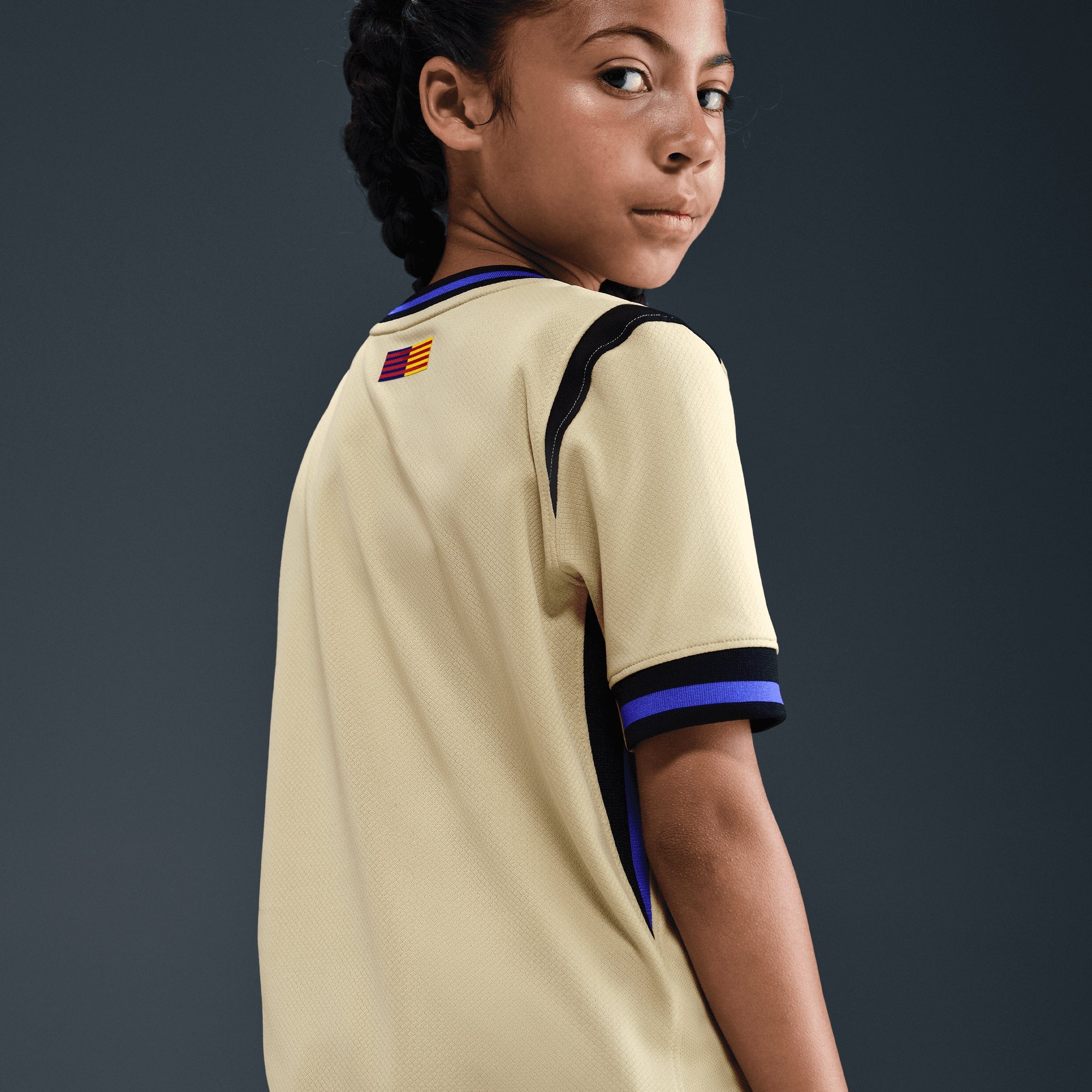 Nike FC Barcelona 2025/26 Stadium Away Big Kids' Kobe Dri-FIT Soccer Replica Jersey - Team Gold/Team Gold/Persian Violet/Black