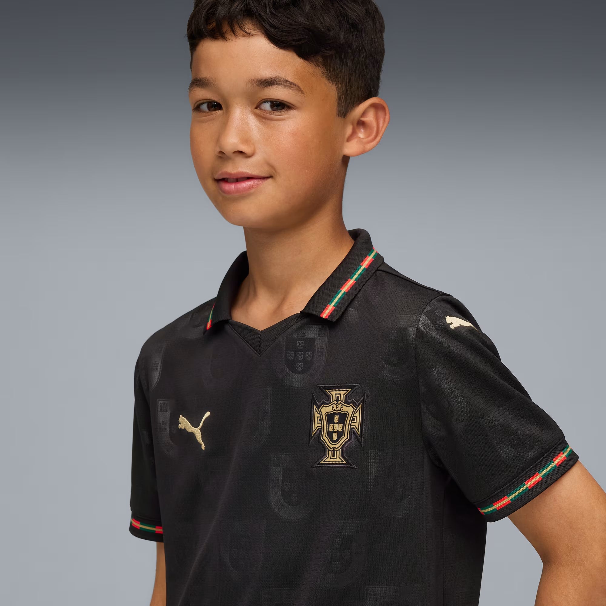 PUMA Portugal 2025/26 Special Edition Big Kids' Soccer Jersey - PUMA Black-Matte Puma Gold