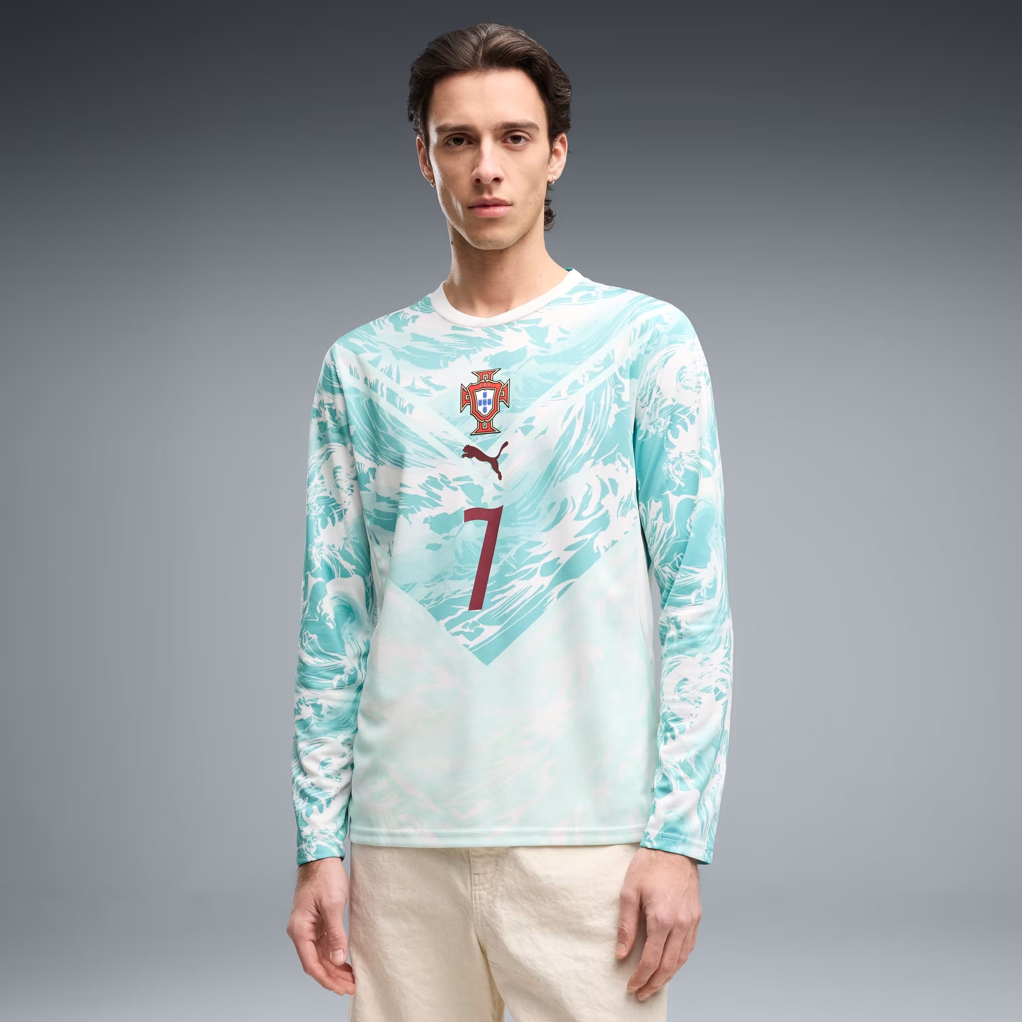PUMA Portugal 2026 Stadium Away Ronaldo Men's Long-Sleeve Soccer Jersey - PUMA White-Green Lagoon