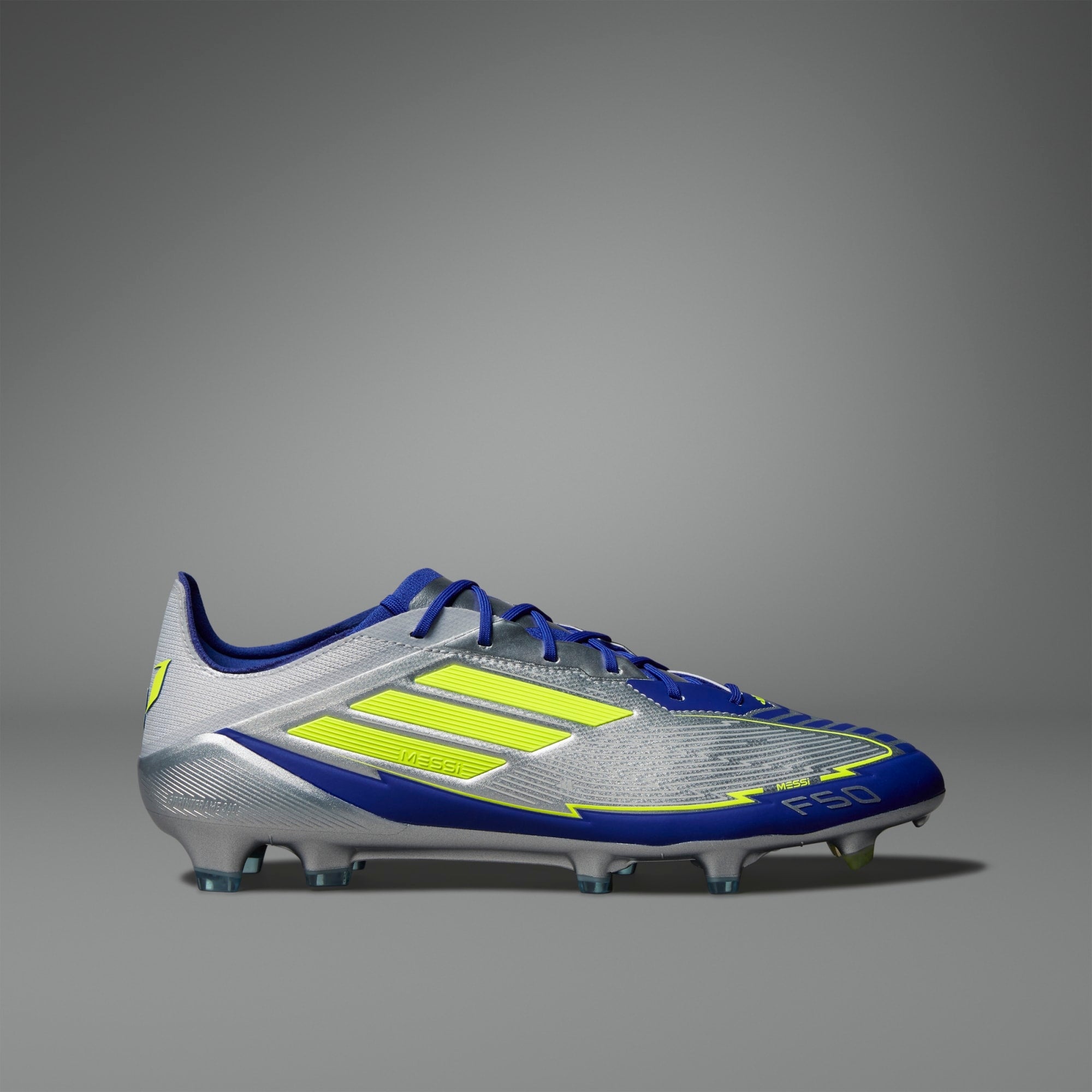 adidas F50 Elite Messi FG Low-Top Soccer Cleats - Silver Metallic / Solar Yellow / Lucid Blue