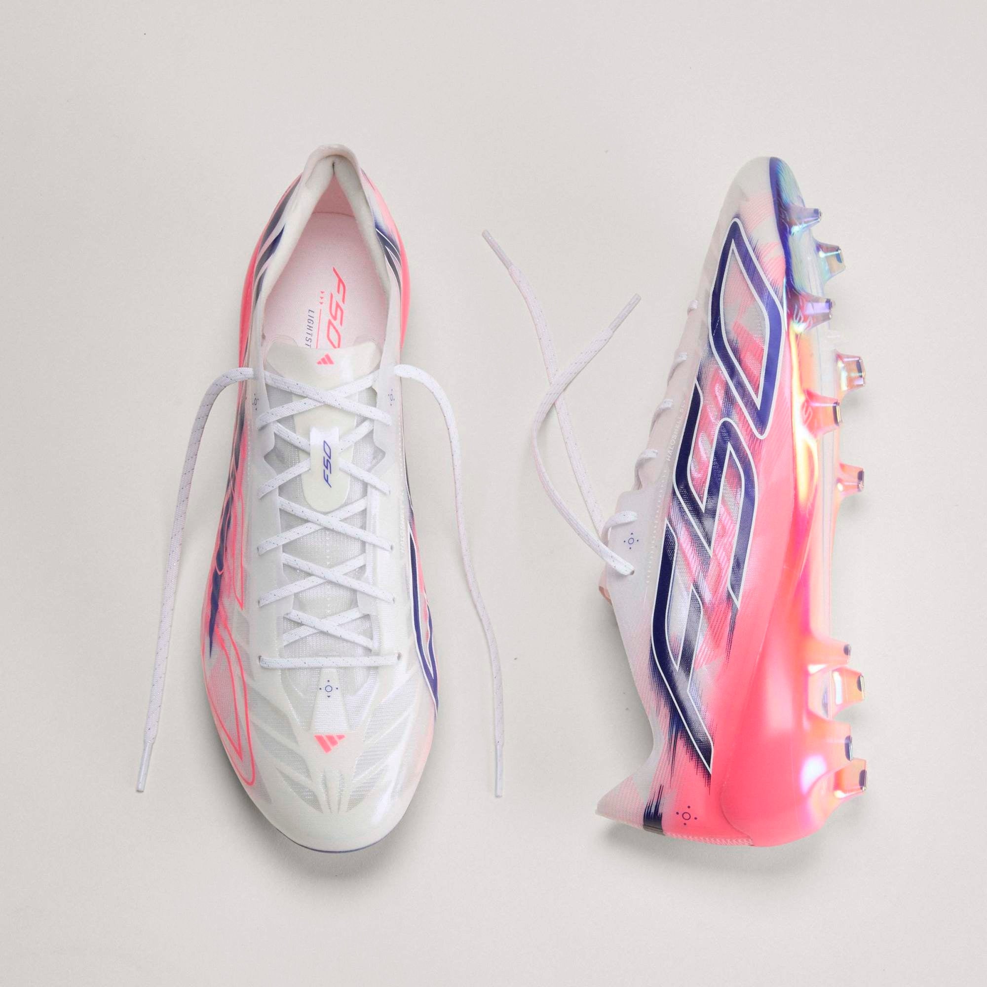 adidas F50 Hyperfast EVO Firm-Ground Low-Top Soccer Cleats - Cloud White / Solar Purple / Solar Turbo