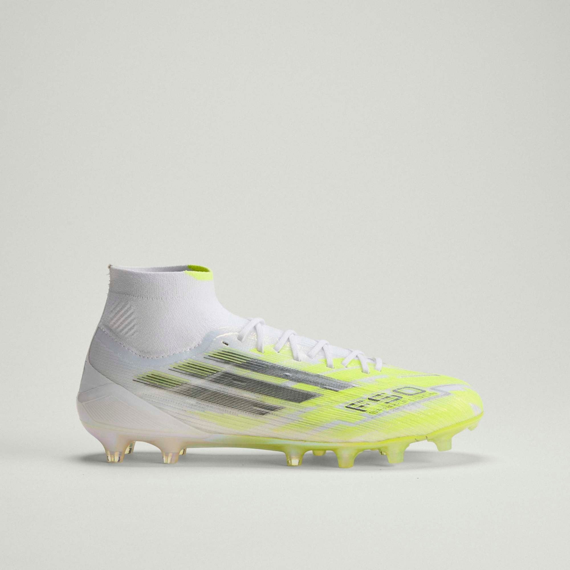 adidas F50 Sparkfusion Elite Mid Cut Firm Ground/Artificial Grass Soccer Cleats - Cloud White / Iron Metallic / Hi-Res Yellow