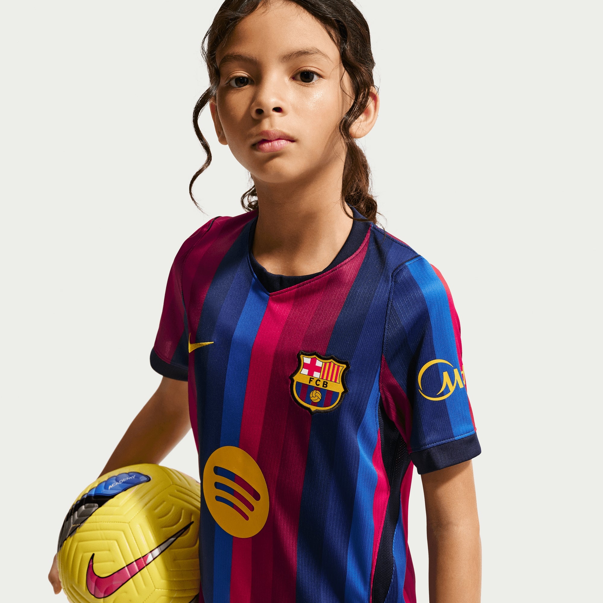 Nike FC Barcelona 2026/27 Stadium Home Big Kids' Dri-FIT Soccer Replica Jersey - Deep Garnet/Blue Void/Mineral Yellow