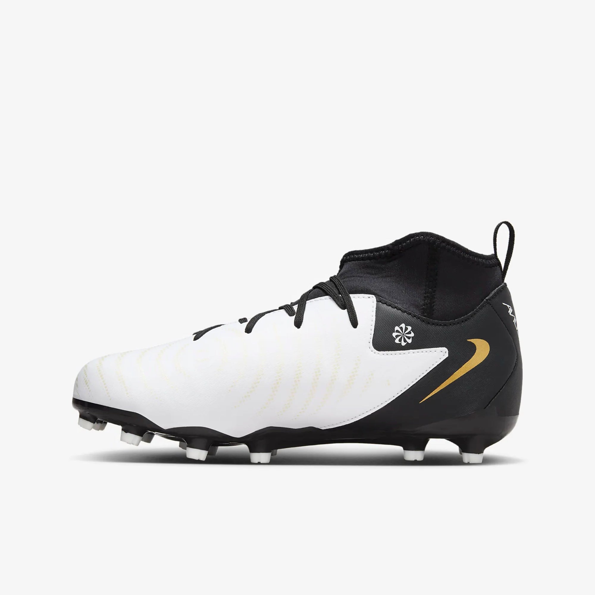 Nike Jr. Phantom Luna 2 Academy Little/Big Kids' MG High-Top Soccer Cleats - White/Black/Metallic Gold Coin