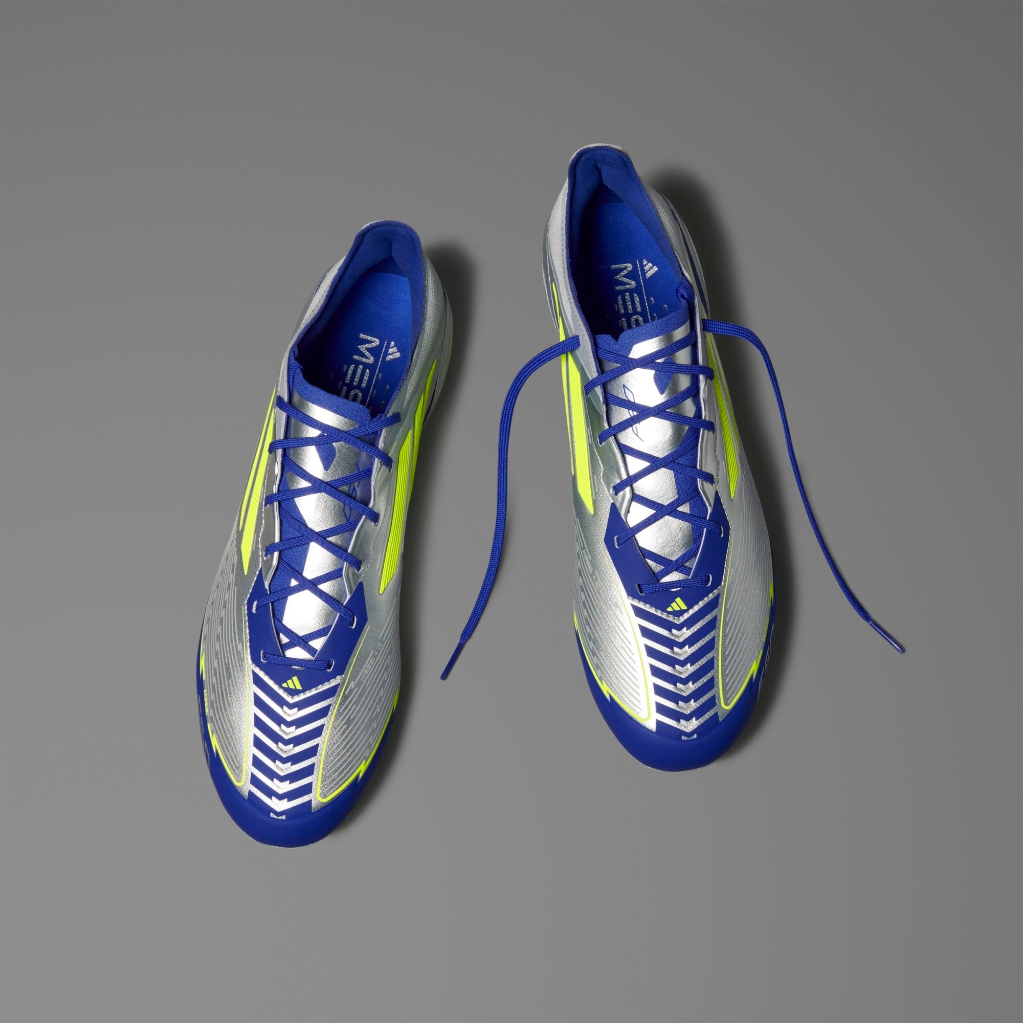 adidas F50 Elite Messi FG Low-Top Soccer Cleats - Silver Metallic / Solar Yellow / Lucid Blue