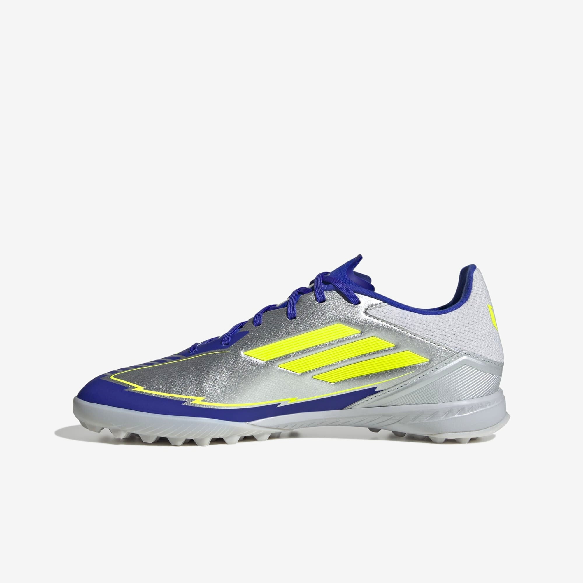 adidas F50 League Messi TF Low-Top Soccer Shoes - Silver Metallic / Solar Yellow / Lucid Blue