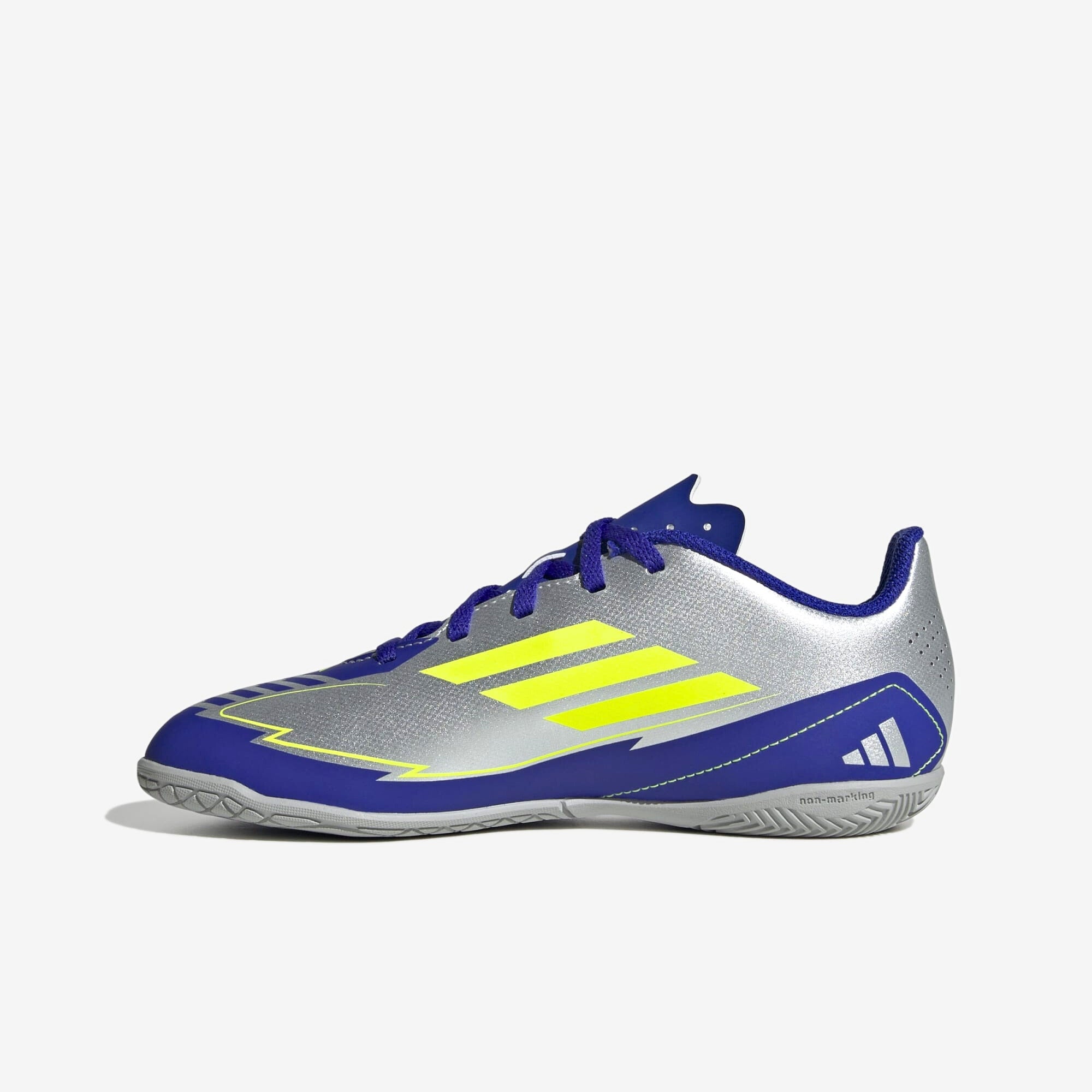 adidas Jr. F50 Club Messi Little/Big Kids' IC Low-Top Soccer Shoes - Silver Metallic / Solar Yellow / Lucid Blue