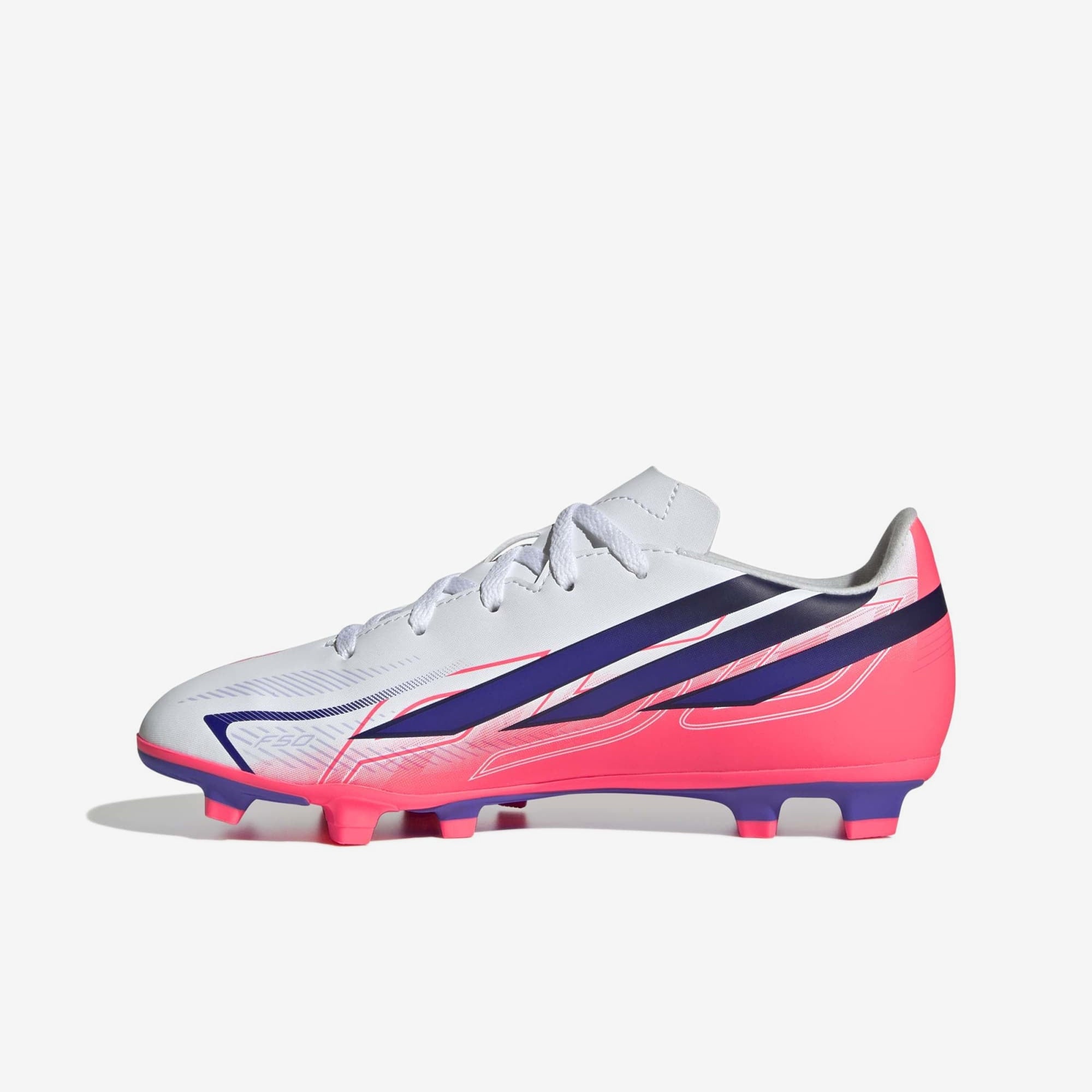adidas Jr. F50 Hyperfast Club Big Kids' Firm/Multi-Ground Low-Top Soccer Cleats - Ftwr White / Solar Purple / Solar Turbo