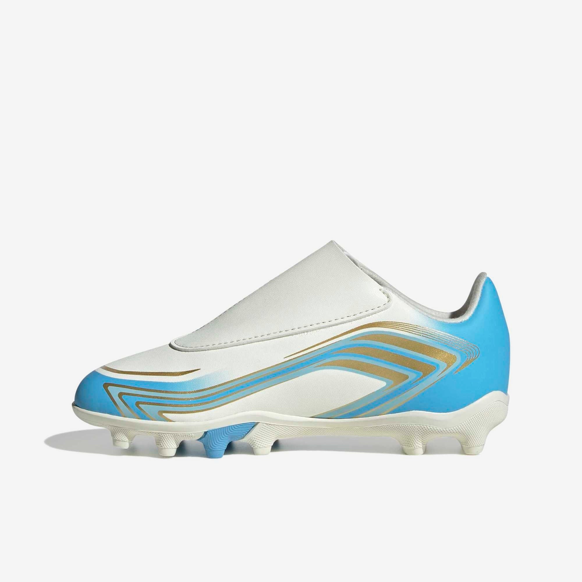adidas Jr. F50 Messi Club Velcro Little Kids' Firm/Multi-Ground Low-Top Soccer Cleats - Ivory / Semi Blue Burst / Icey Blue