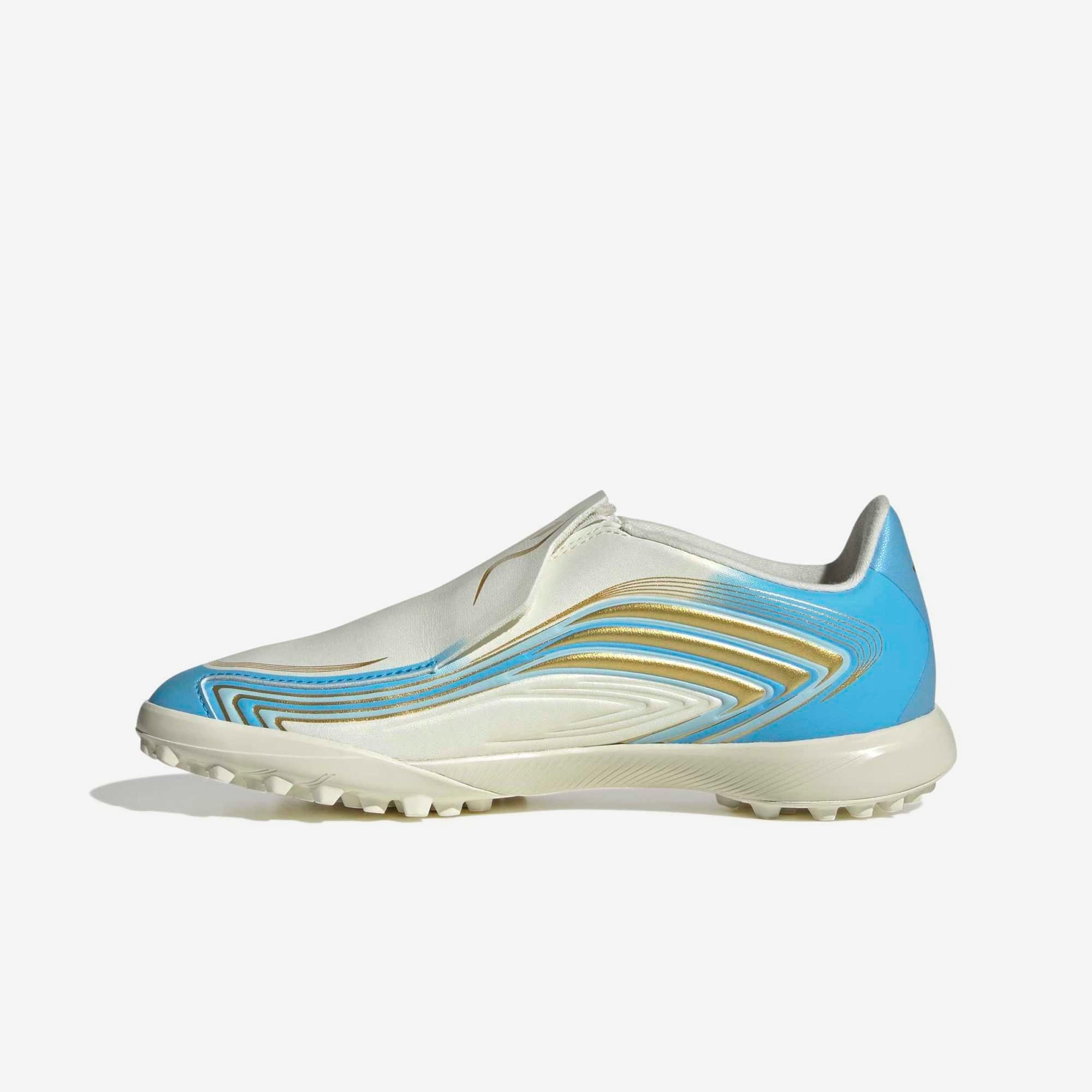 adidas Jr. F50 Messi League Laceless Big Kids Turf Low-Top Soccer Shoes - Ivory / Semi Blue Burst / Icey Blue