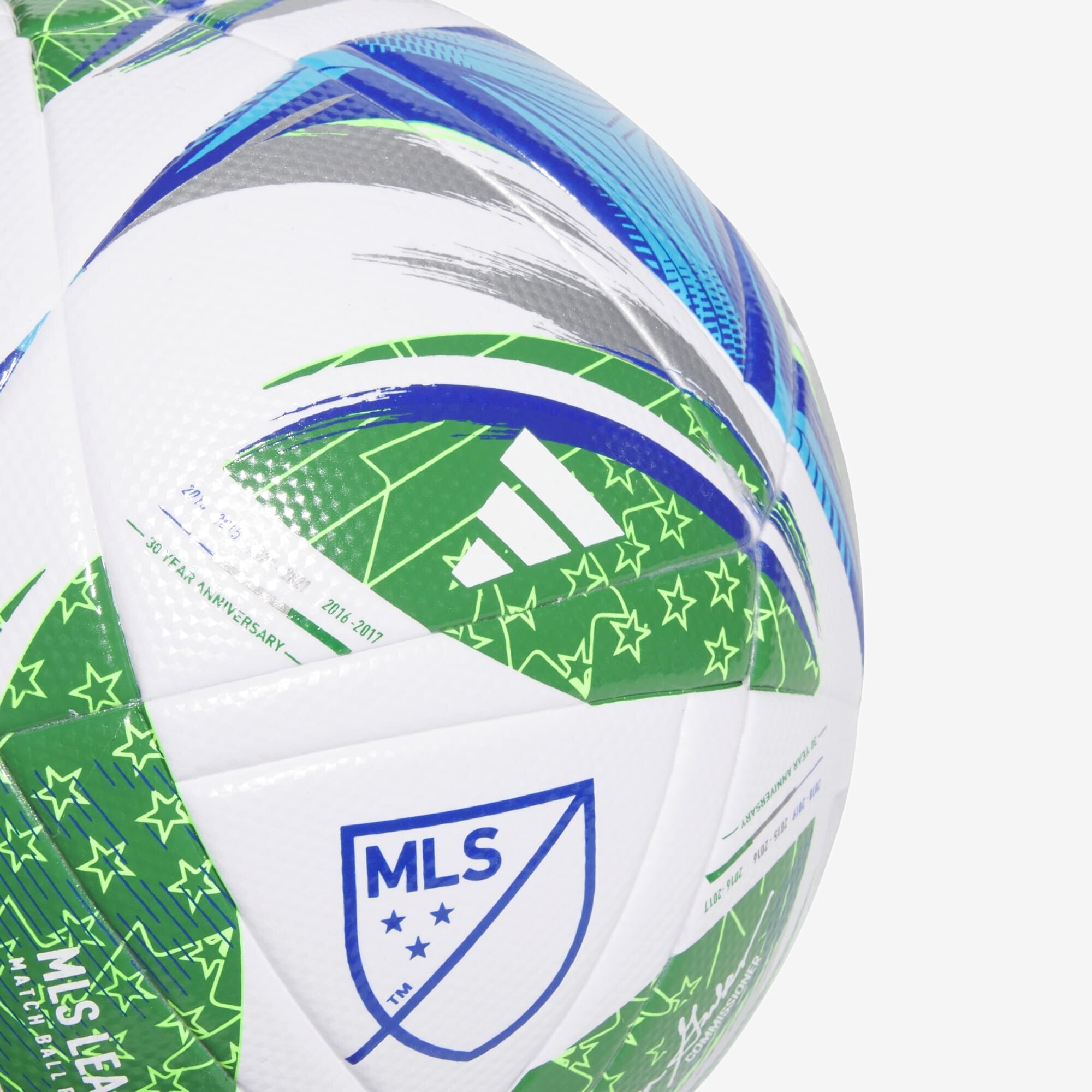 adidas MLS 25 NFHS League Soccer Ball - White / Green / Glow Blue / Solar Blue