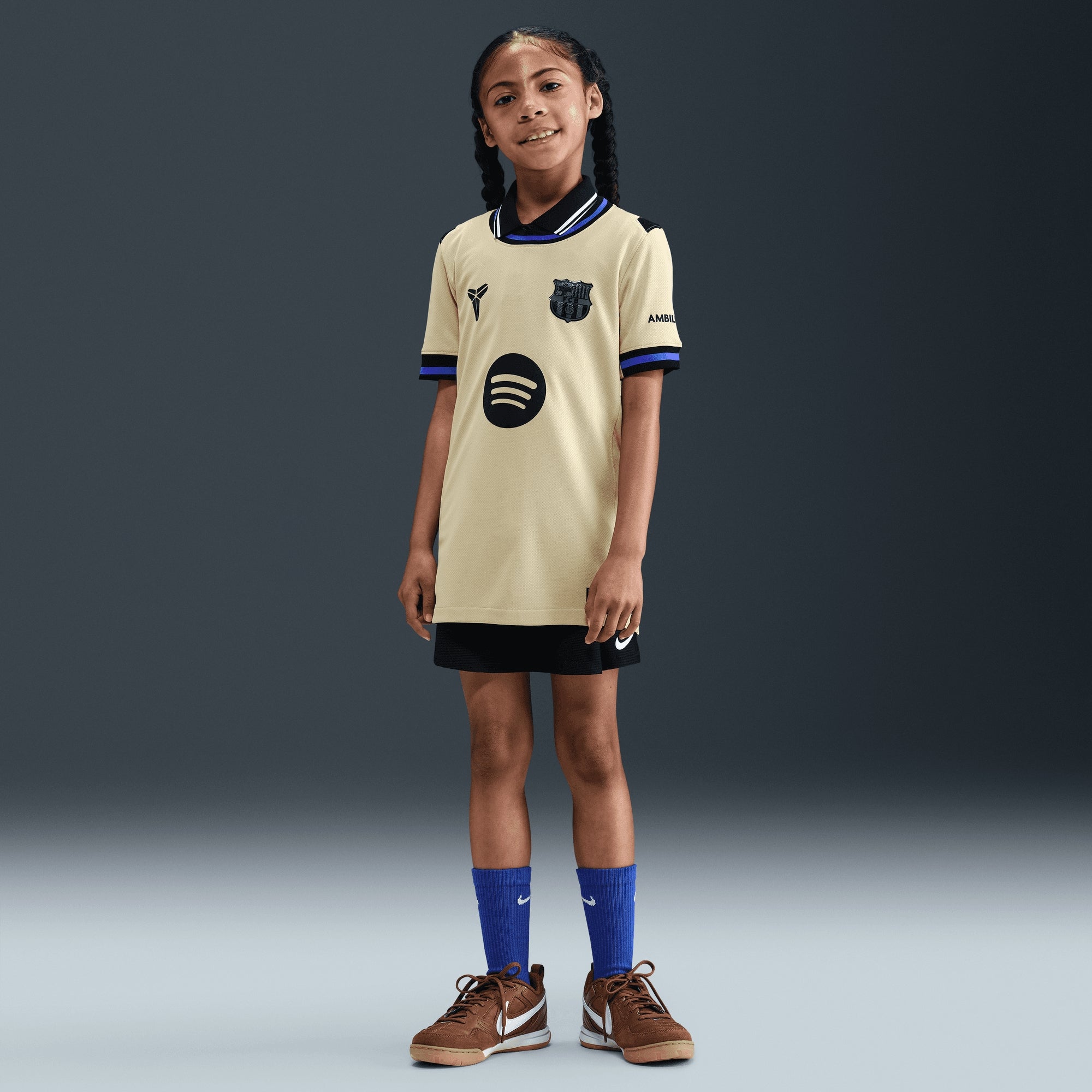Nike FC Barcelona 2025/26 Stadium Away Big Kids' Kobe Dri-FIT Soccer Replica Jersey - Team Gold/Team Gold/Persian Violet/Black