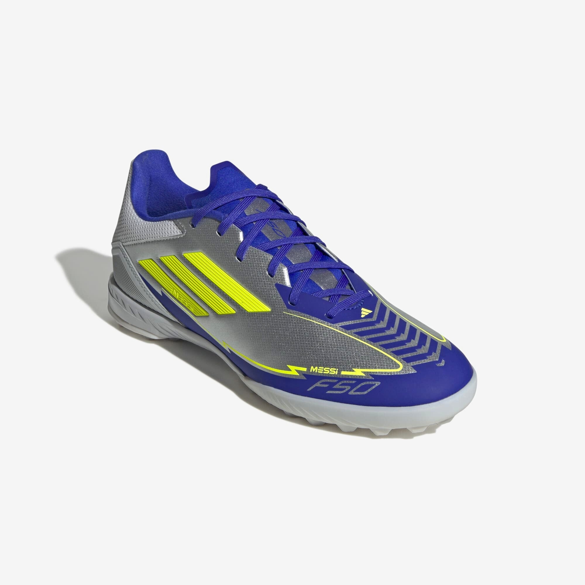 adidas F50 League Messi TF Low-Top Soccer Shoes - Silver Metallic / Solar Yellow / Lucid Blue