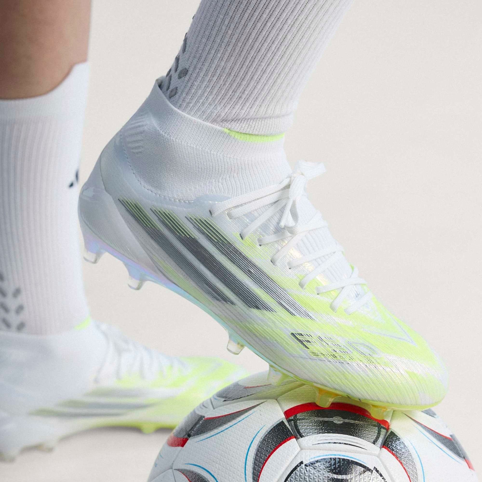 adidas F50 Sparkfusion Elite Mid Cut Firm Ground/Artificial Grass Soccer Cleats - Cloud White / Iron Metallic / Hi-Res Yellow