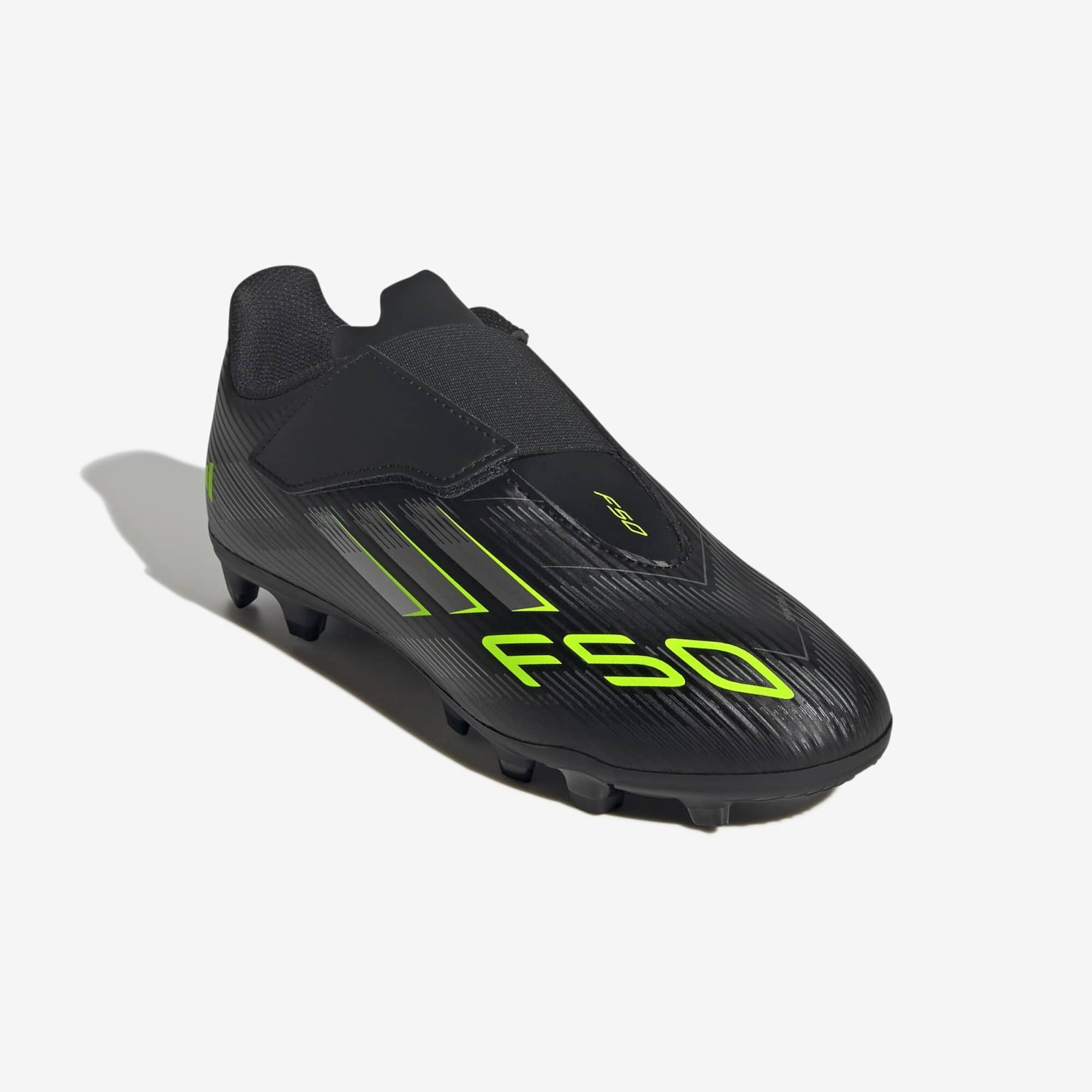adidas Jr. F50 Club Hook-and-Loop Little Kids' Firm/Multi-Ground Soccer Cleats - Core Black / Iron Metallic / Lucid Lemon