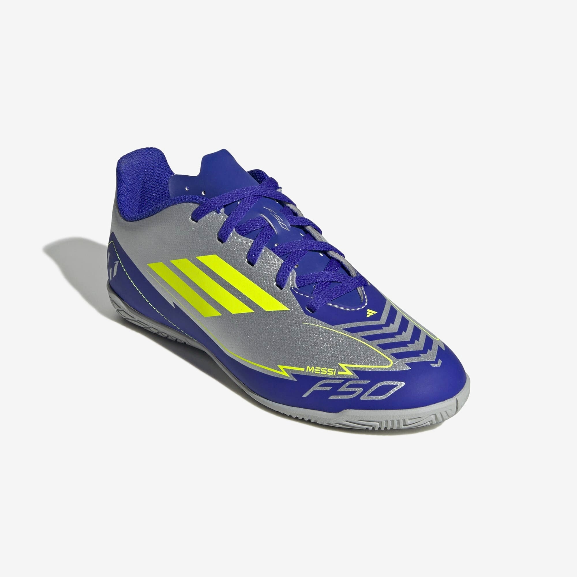 adidas Jr. F50 Club Messi Little/Big Kids' IC Low-Top Soccer Shoes - Silver Metallic / Solar Yellow / Lucid Blue