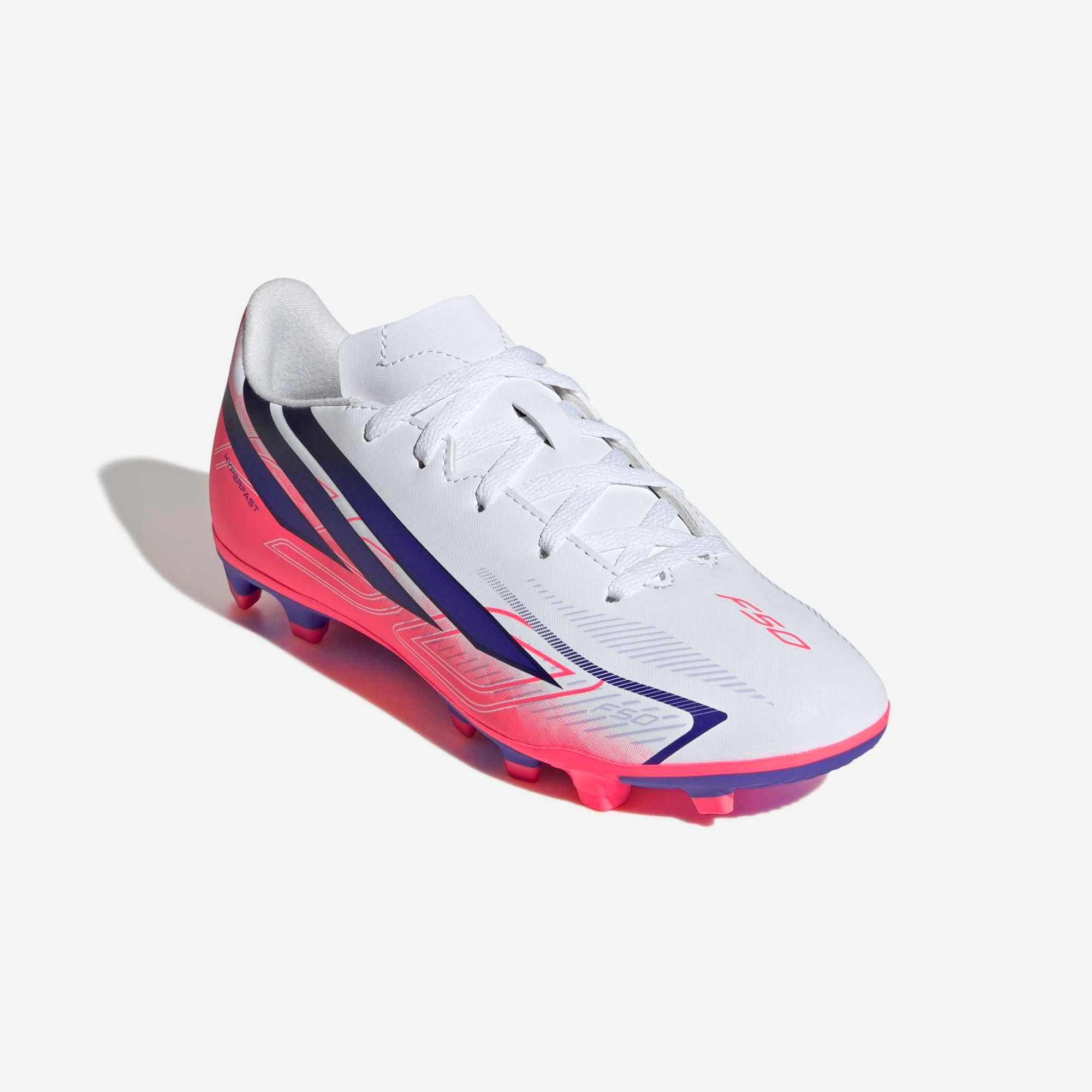 adidas Jr. F50 Hyperfast Club Big Kids' Firm/Multi-Ground Low-Top Soccer Cleats - Ftwr White / Solar Purple / Solar Turbo