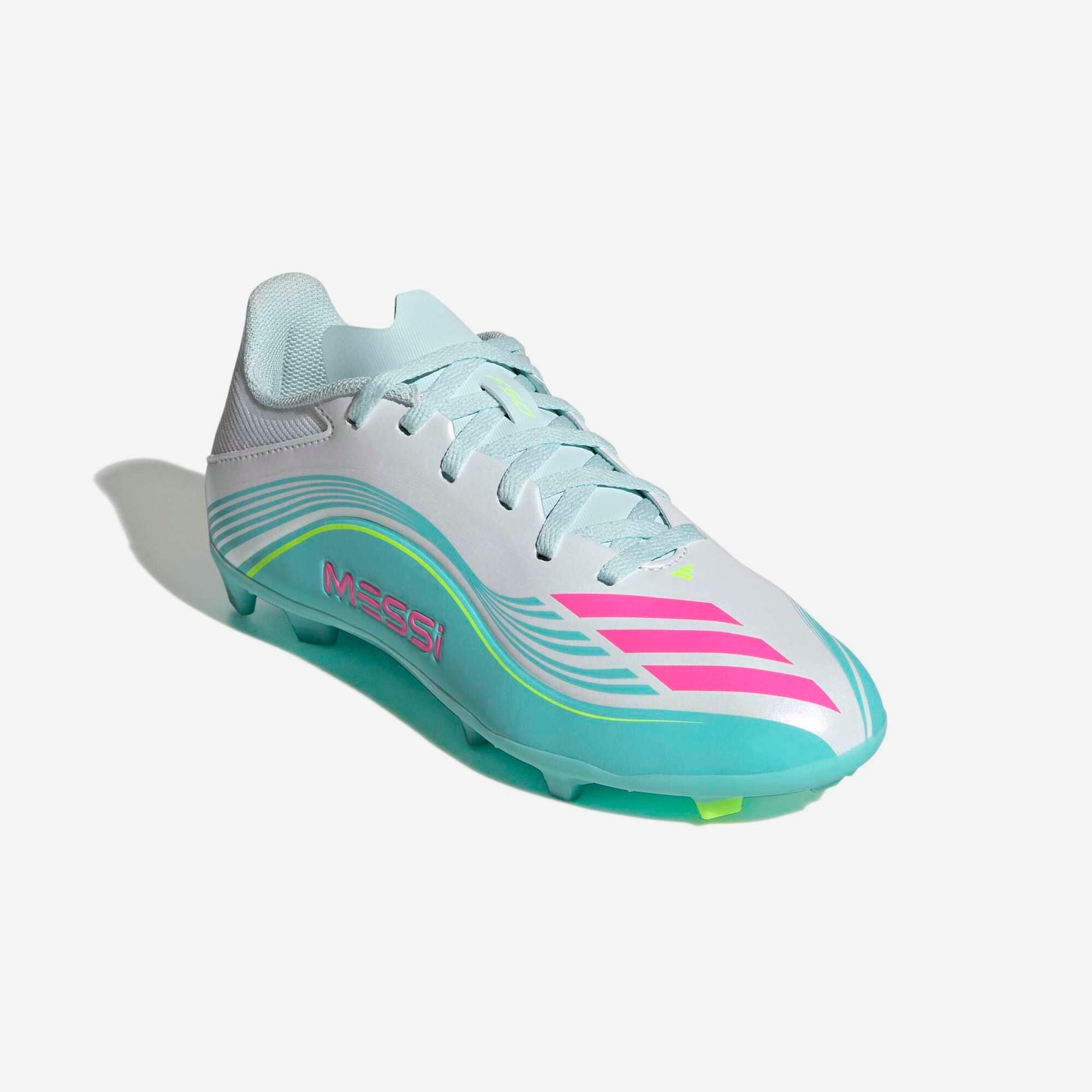 adidas Jr. F50 Messi League Big Kids' Firm/Multi-Ground Low-Top Soccer Cleats - Cloud White / Lucid Pink / Flash Aqua