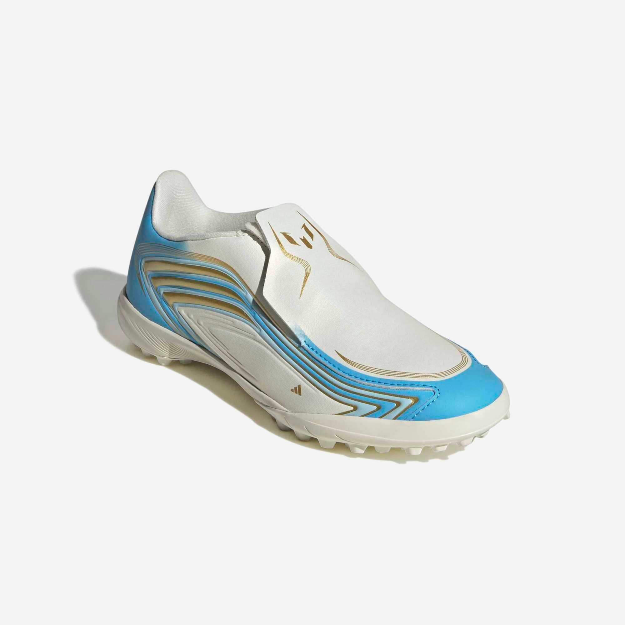adidas Jr. F50 Messi League Laceless Big Kids Turf Low-Top Soccer Shoes - Ivory / Semi Blue Burst / Icey Blue