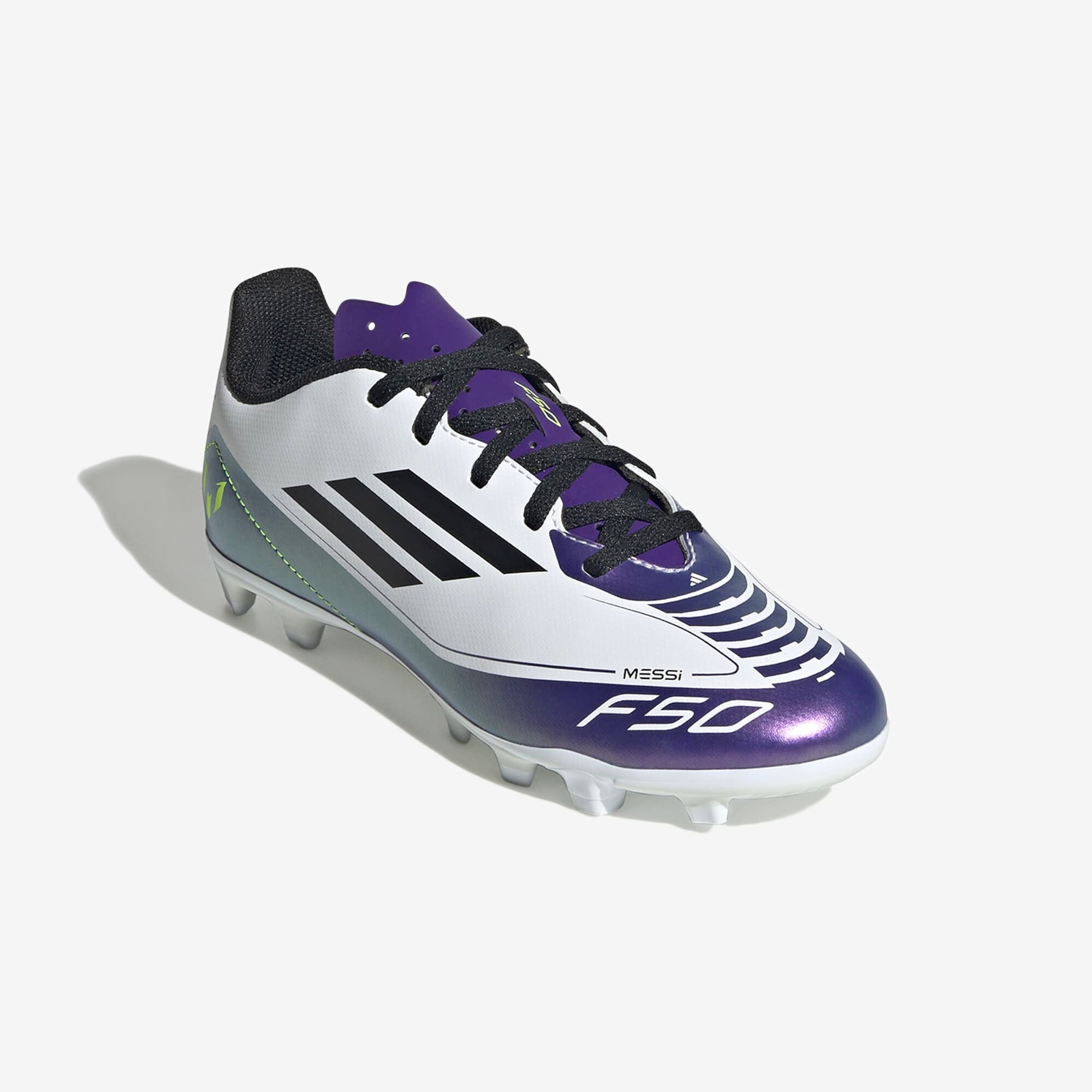 adidas Jr. Messi F50 Club Little/Big Kids' MG Low-Top Soccer Cleats - White / Core Black / Unity Purple