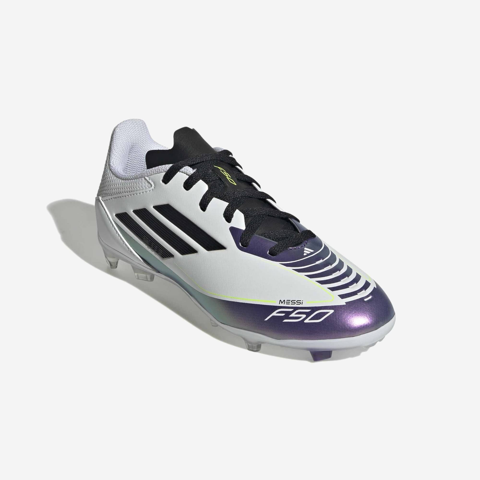 adidas Jr. Messi F50 League Big Kids' Firm/Multi-Ground Low-Top Soccer Cleats - Cloud White / Core Black / Purple