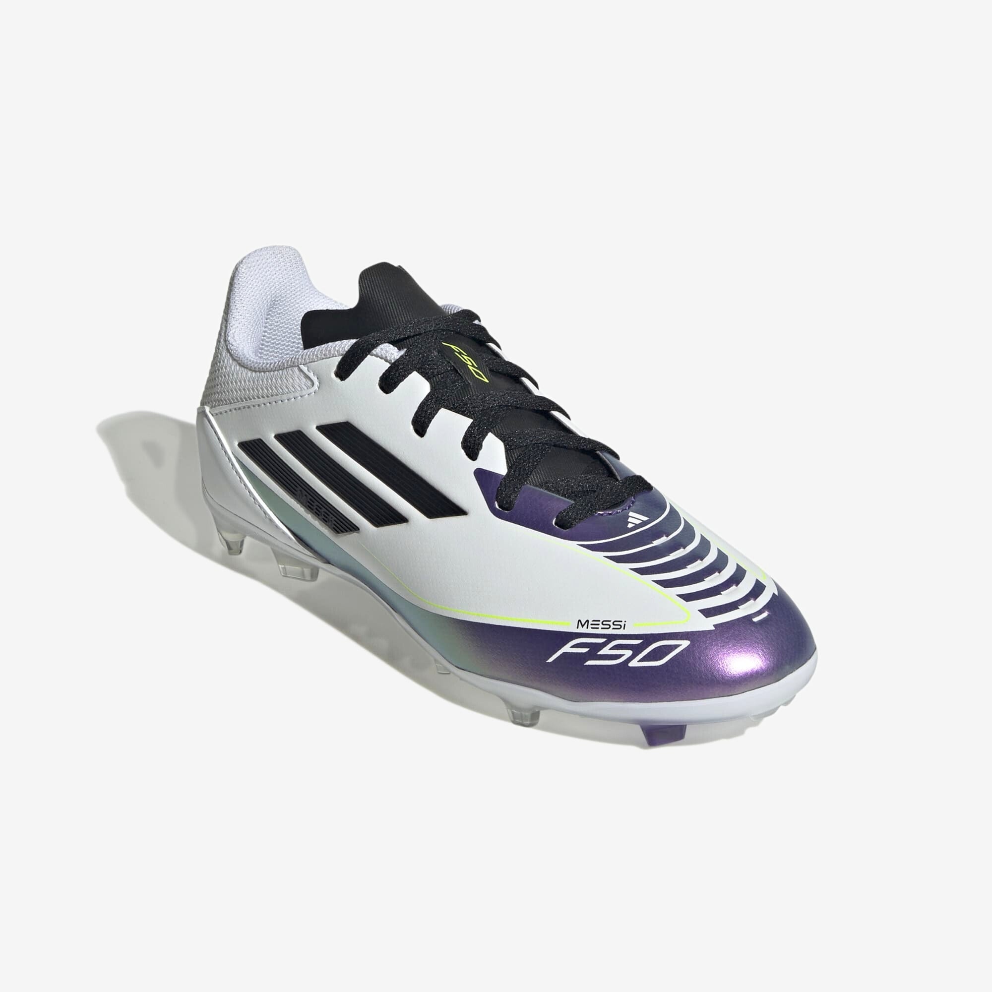 adidas Jr. Messi F50 League Little/Big Kids' FG/MG Low-Top Soccer Cleats - Cloud White / Core Black / Purple