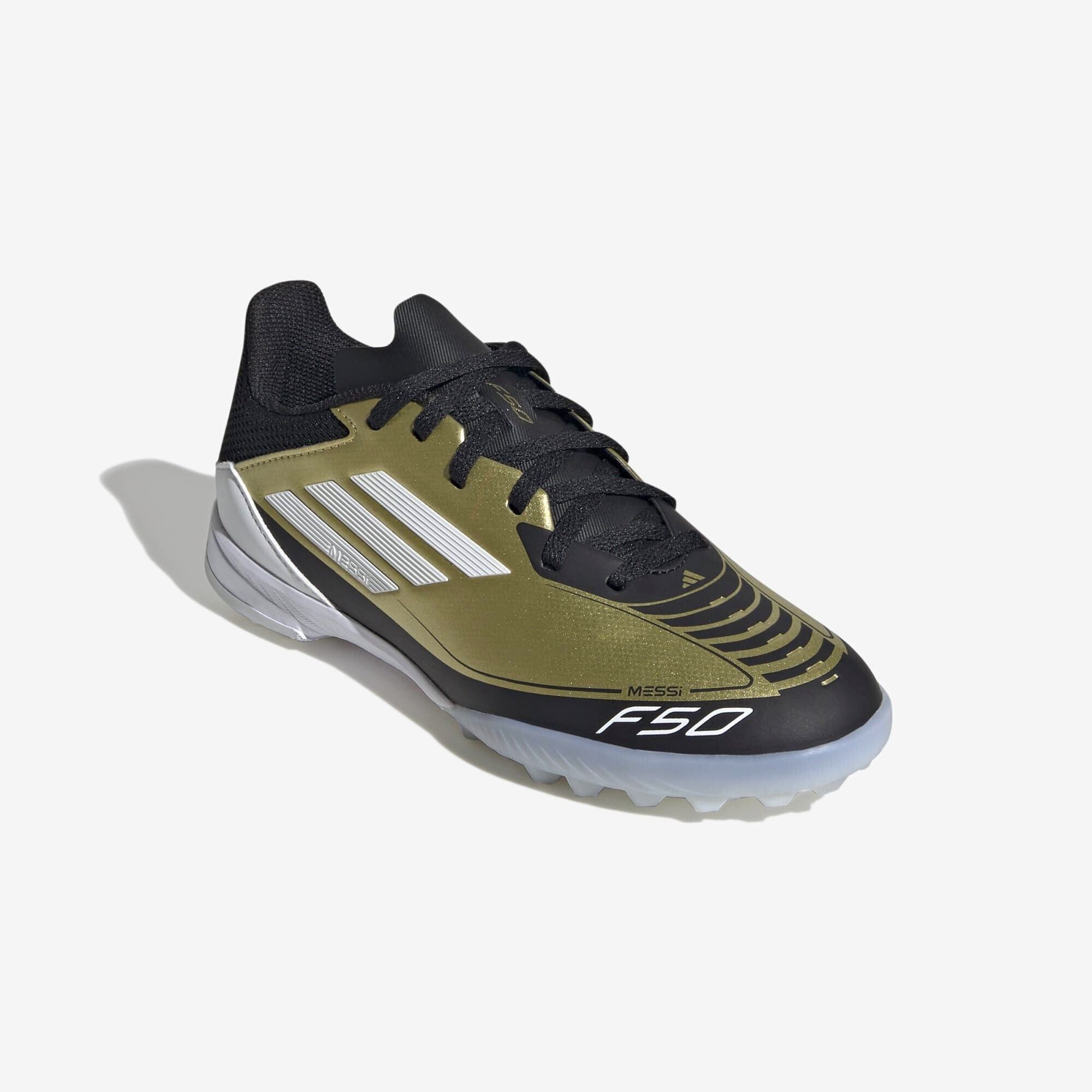 adidas Jr. Messi F50 League Little/Big Kids' TF Low-Top Soccer Shoes - Gold Metallic / Cloud White / Core Black