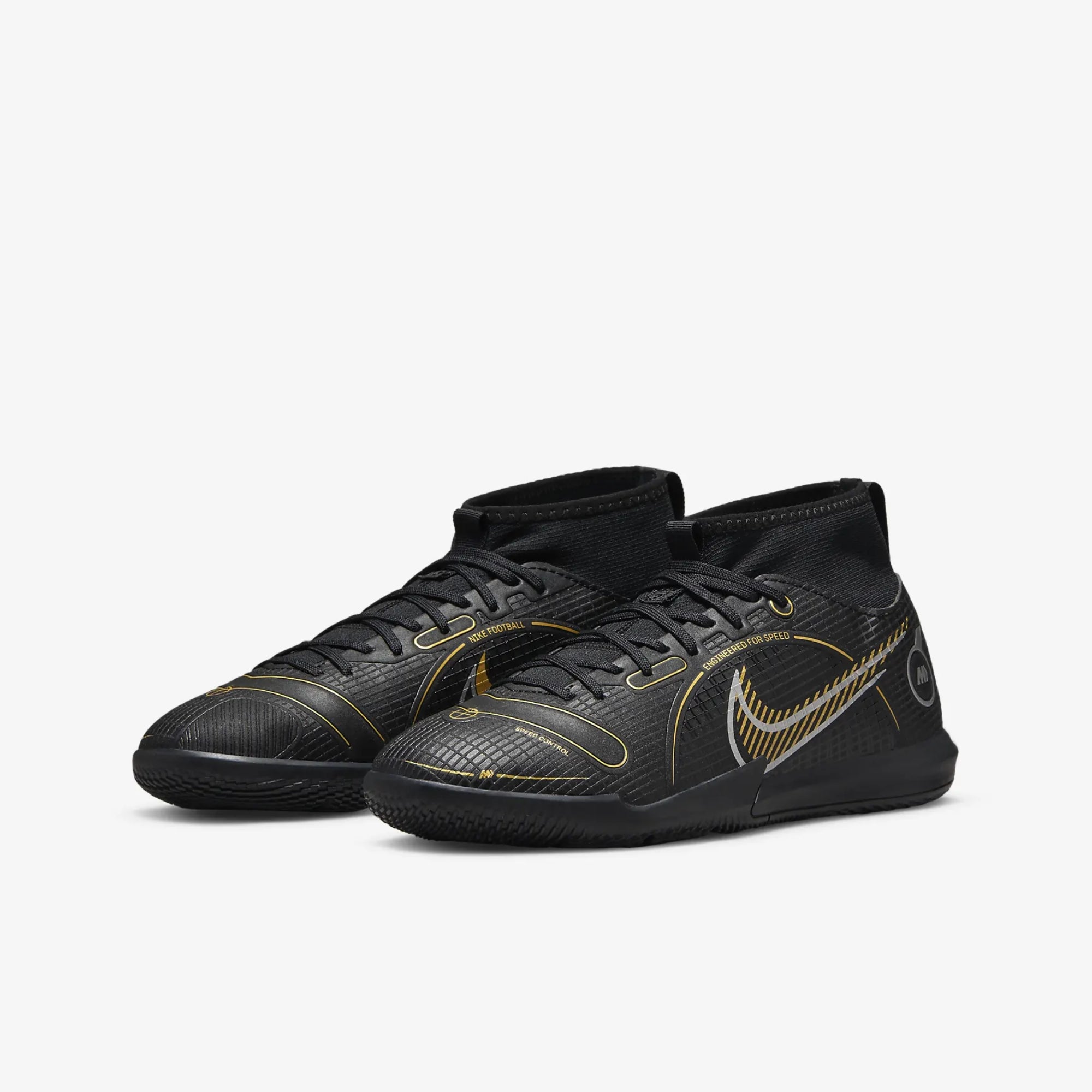 Nike Jr. Mercurial Superfly 8 Academy IC Little/Big Kids' IC High-Top Soccer Shoes - Black/Metallic Silver/Medium Ash/Metallic Gold