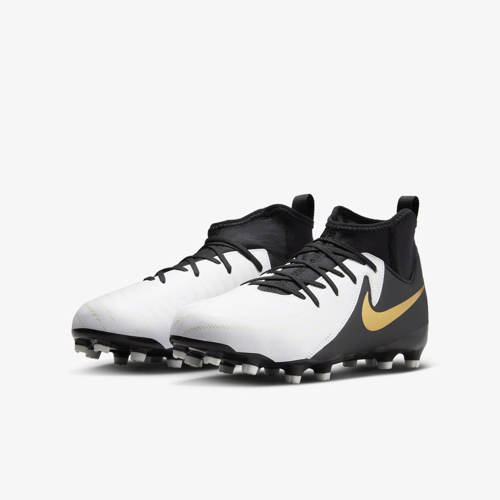 Nike Jr. Phantom Luna 2 Academy Little/Big Kids' MG High-Top Soccer Cleats - White/Black/Metallic Gold Coin