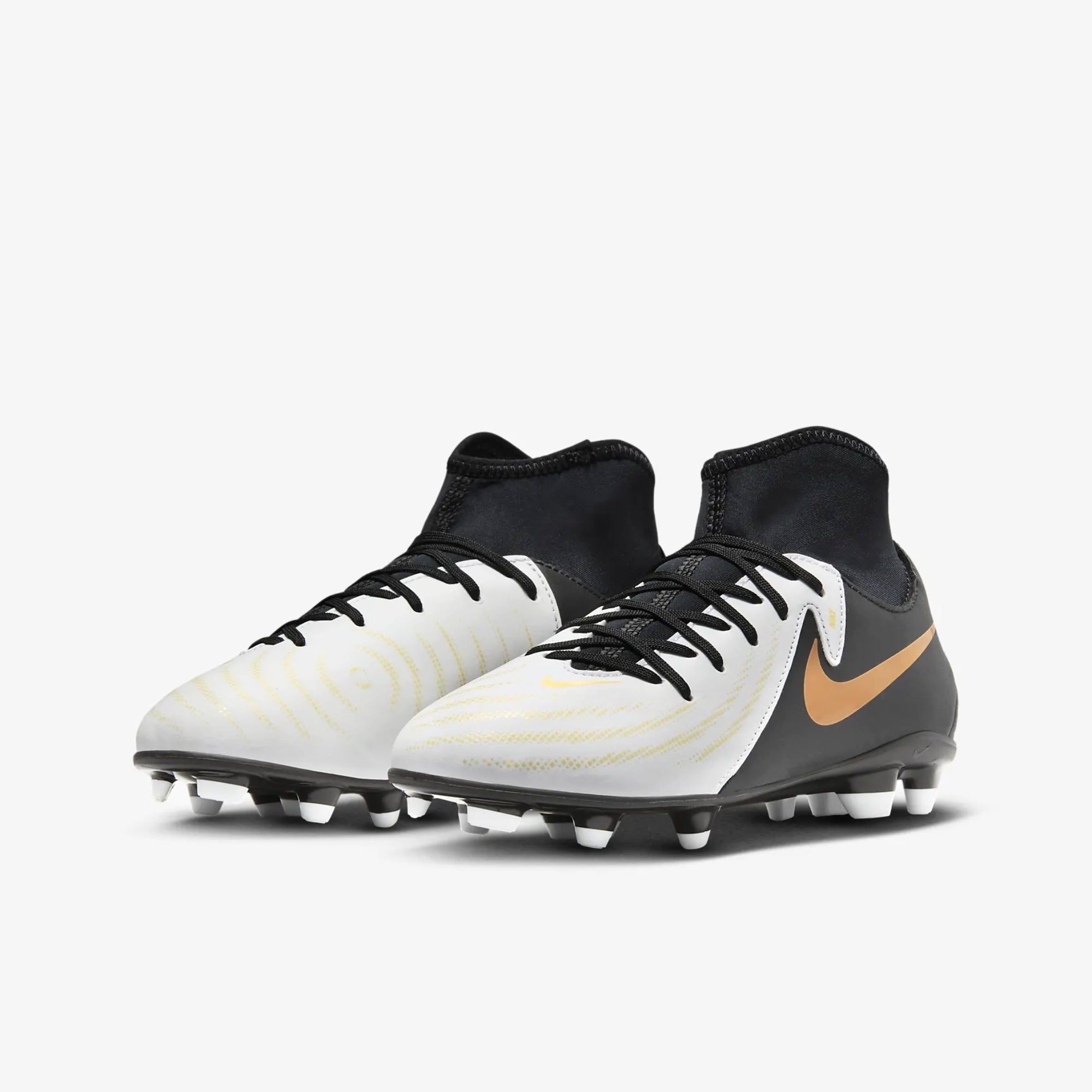 Nike Jr. Phantom Luna 2 Club Little/Big Kids' MG High-Top Soccer Cleats - White/Black/Metallic Gold Coin