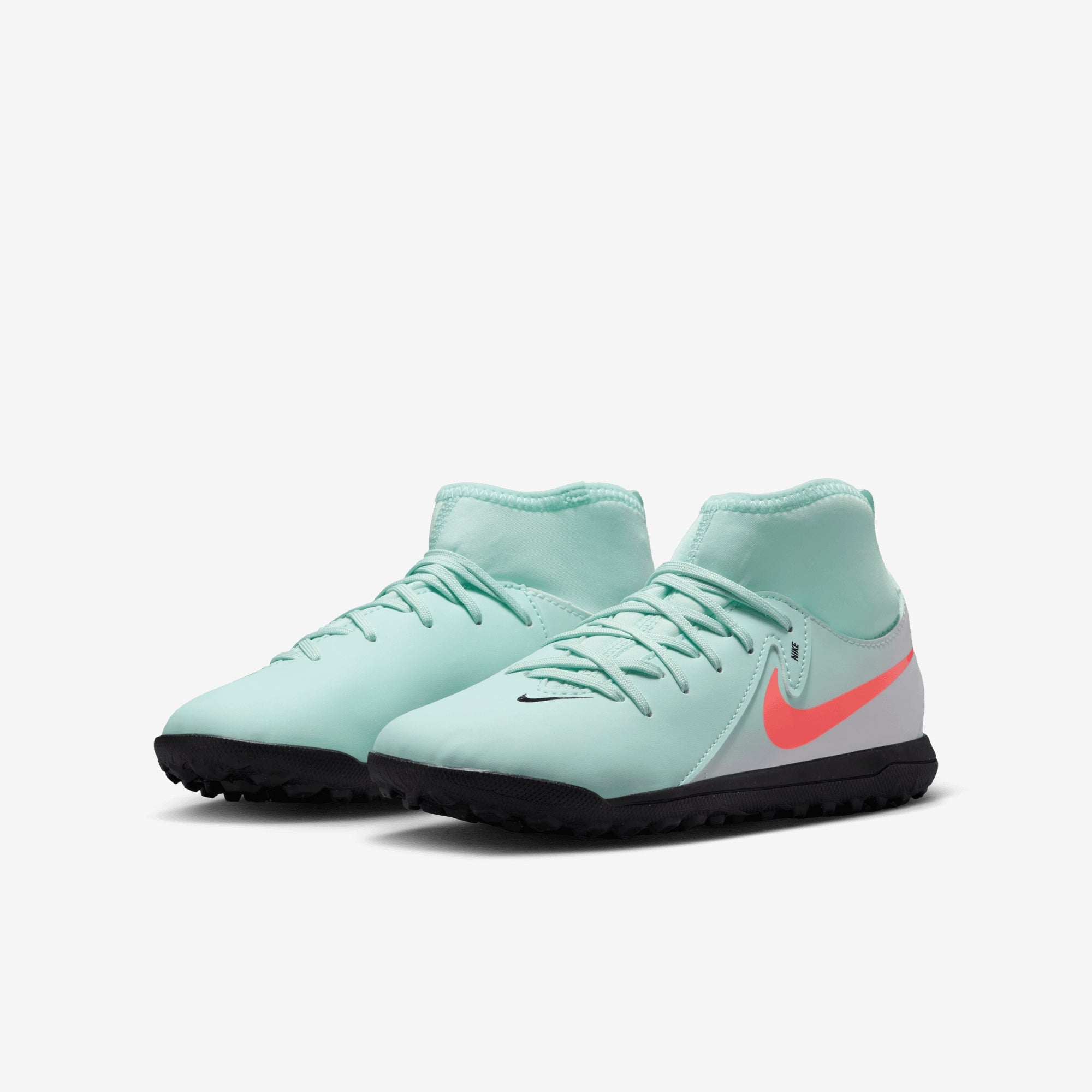 Nike Jr. Phantom Luna 2 Club Little/Big Kids' TF High-Top Soccer Shoes - Mint/Atomic Red-Off Noir