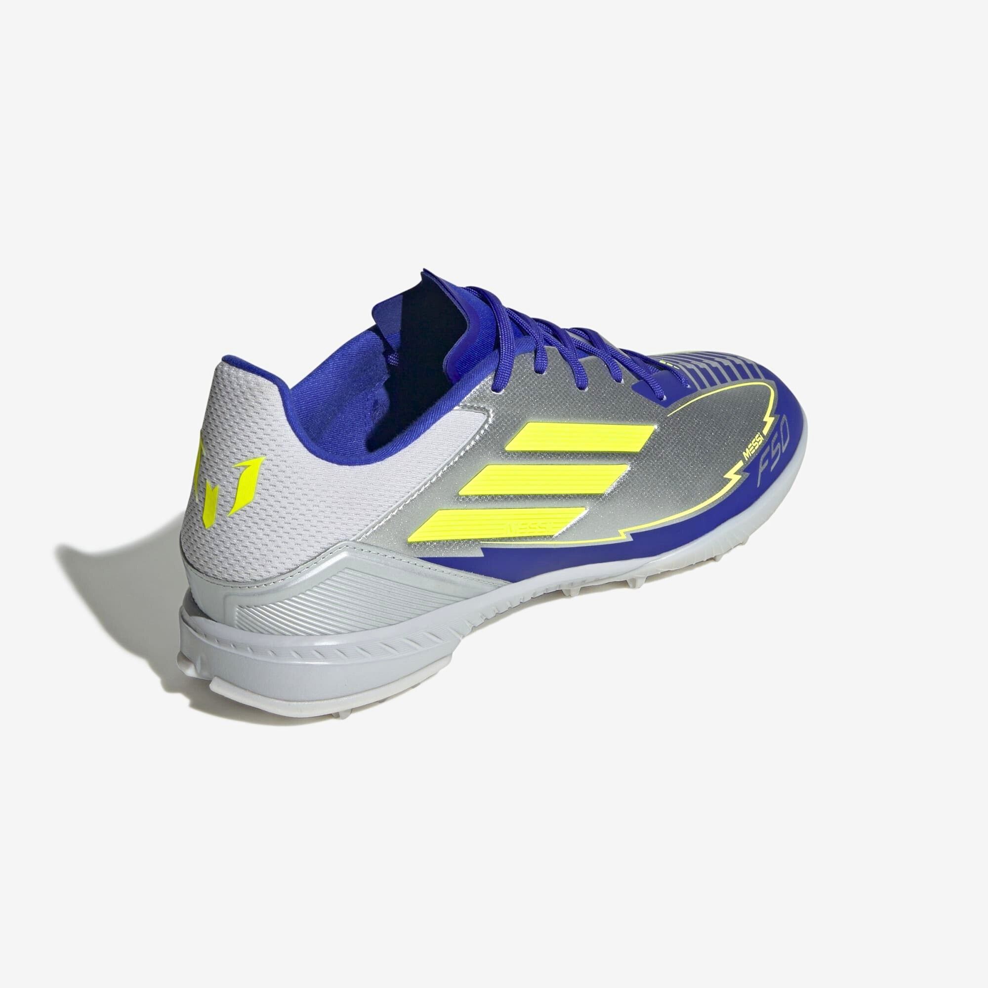 adidas F50 League Messi TF Low-Top Soccer Shoes - Silver Metallic / Solar Yellow / Lucid Blue