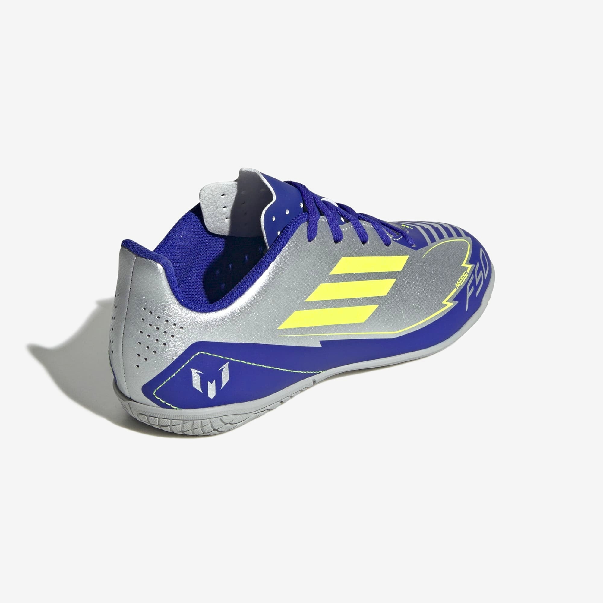 adidas Jr. F50 Club Messi Little/Big Kids' IC Low-Top Soccer Shoes - Silver Metallic / Solar Yellow / Lucid Blue