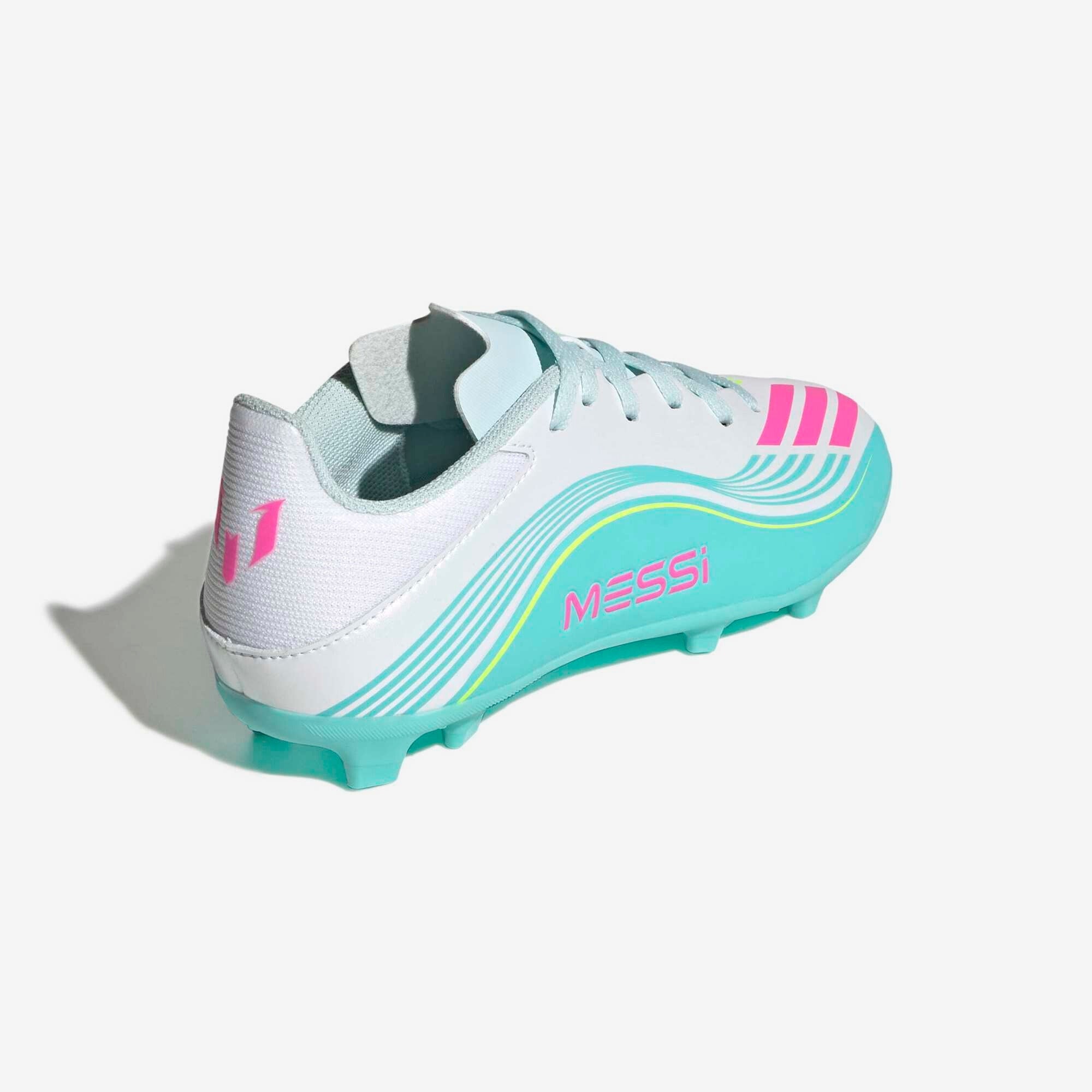 adidas Jr. F50 Messi League Big Kids' Firm/Multi-Ground Low-Top Soccer Cleats - Cloud White / Lucid Pink / Flash Aqua