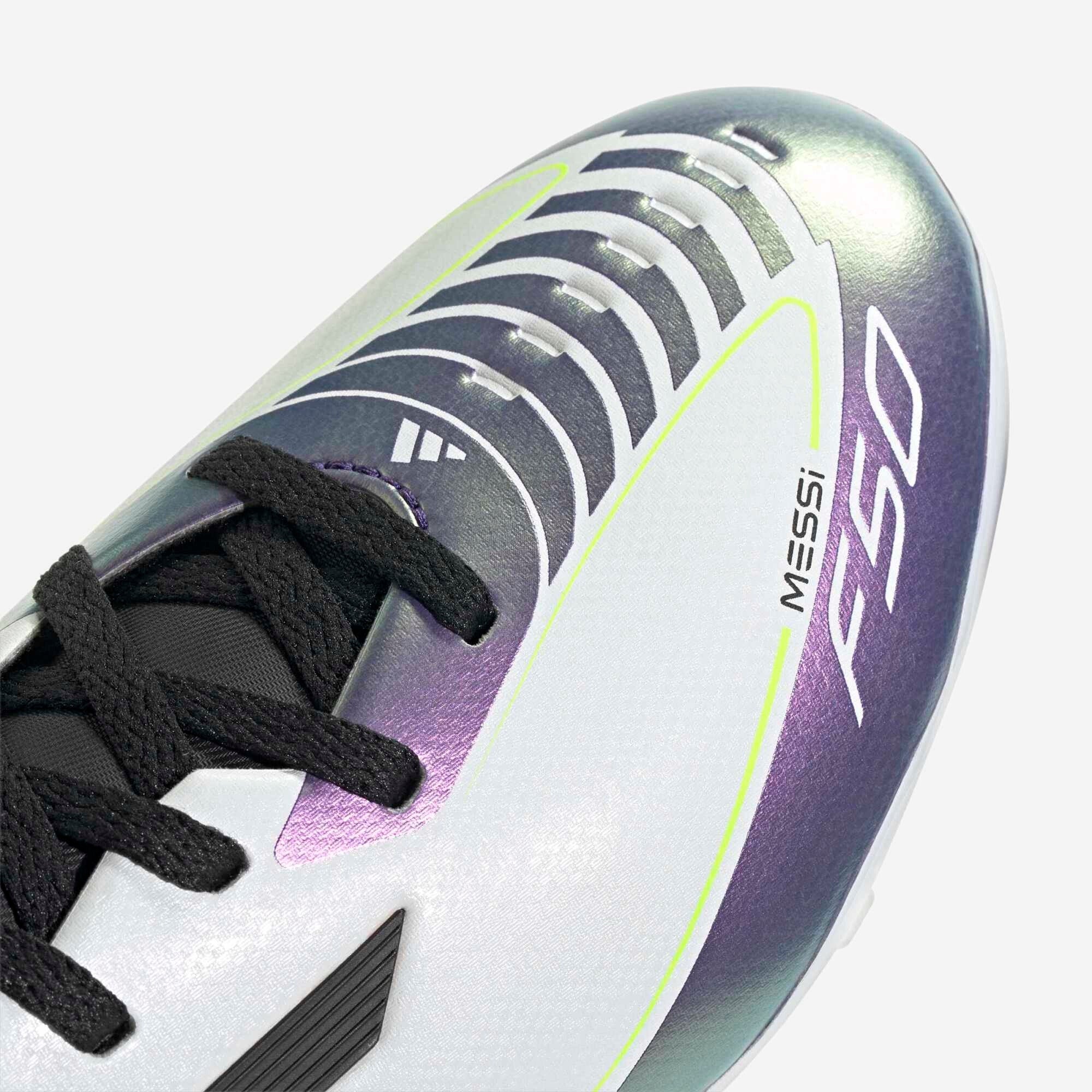 adidas Jr. Messi F50 League Big Kids' Firm/Multi-Ground Low-Top Soccer Cleats - Cloud White / Core Black / Purple